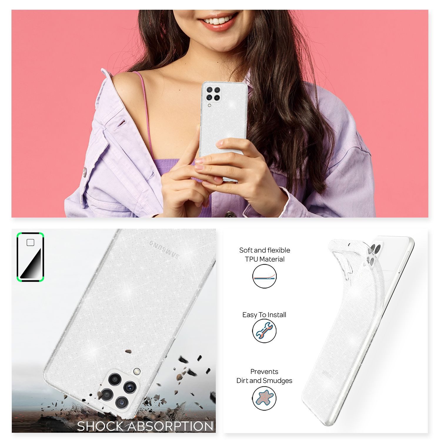 Nalia Smartphone-Hülle Samsung Galaxy A22 16,3 cm (6,4 Zoll), Klare Glitzer Hülle / Silikon Transparent / Glitter Cover / Bling Case