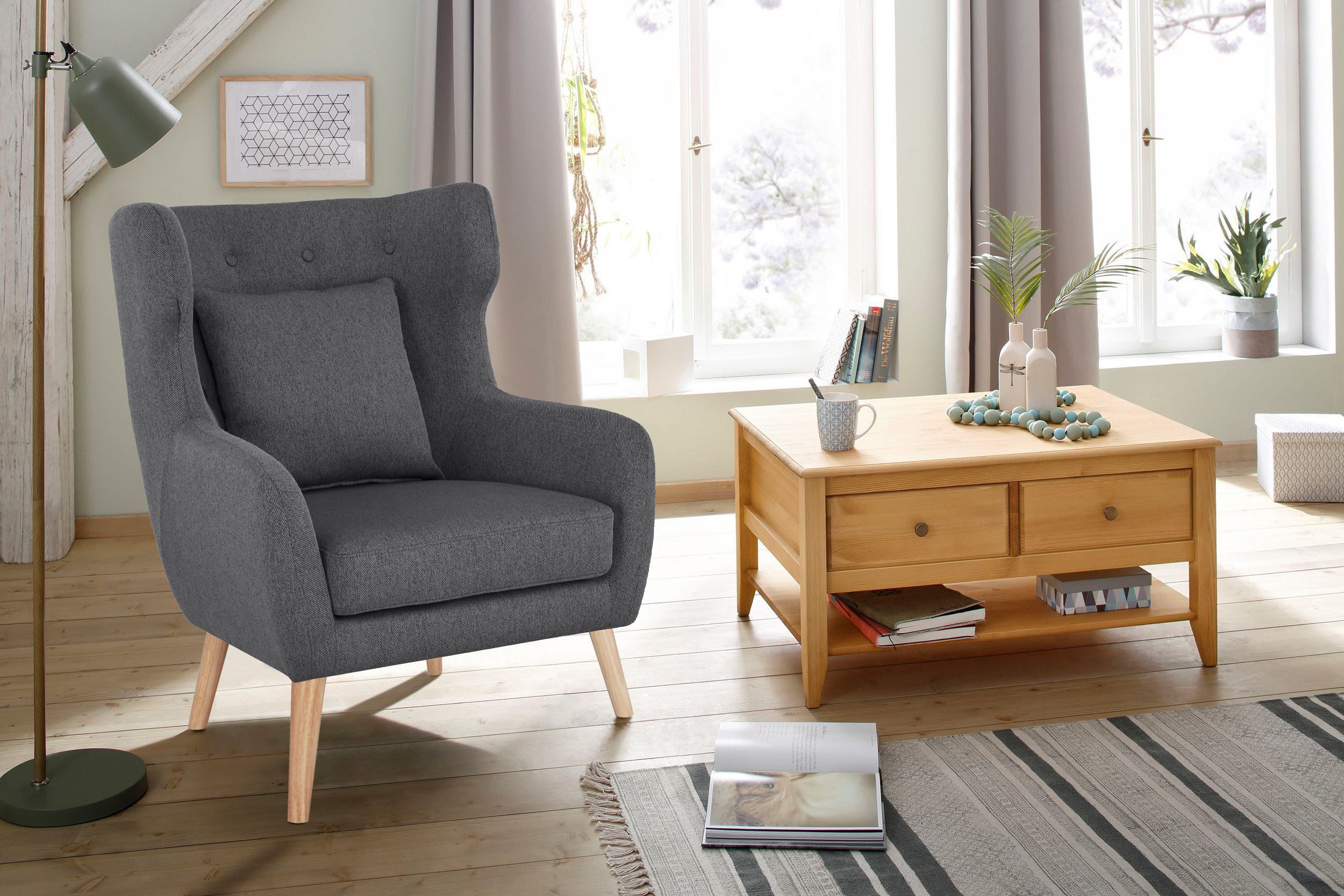 Home affaire Ohrensessel Yamuna, mit Sitzpolsterung, Gestell und Füße aus Massivholz, Sitzhöhe 47 cm