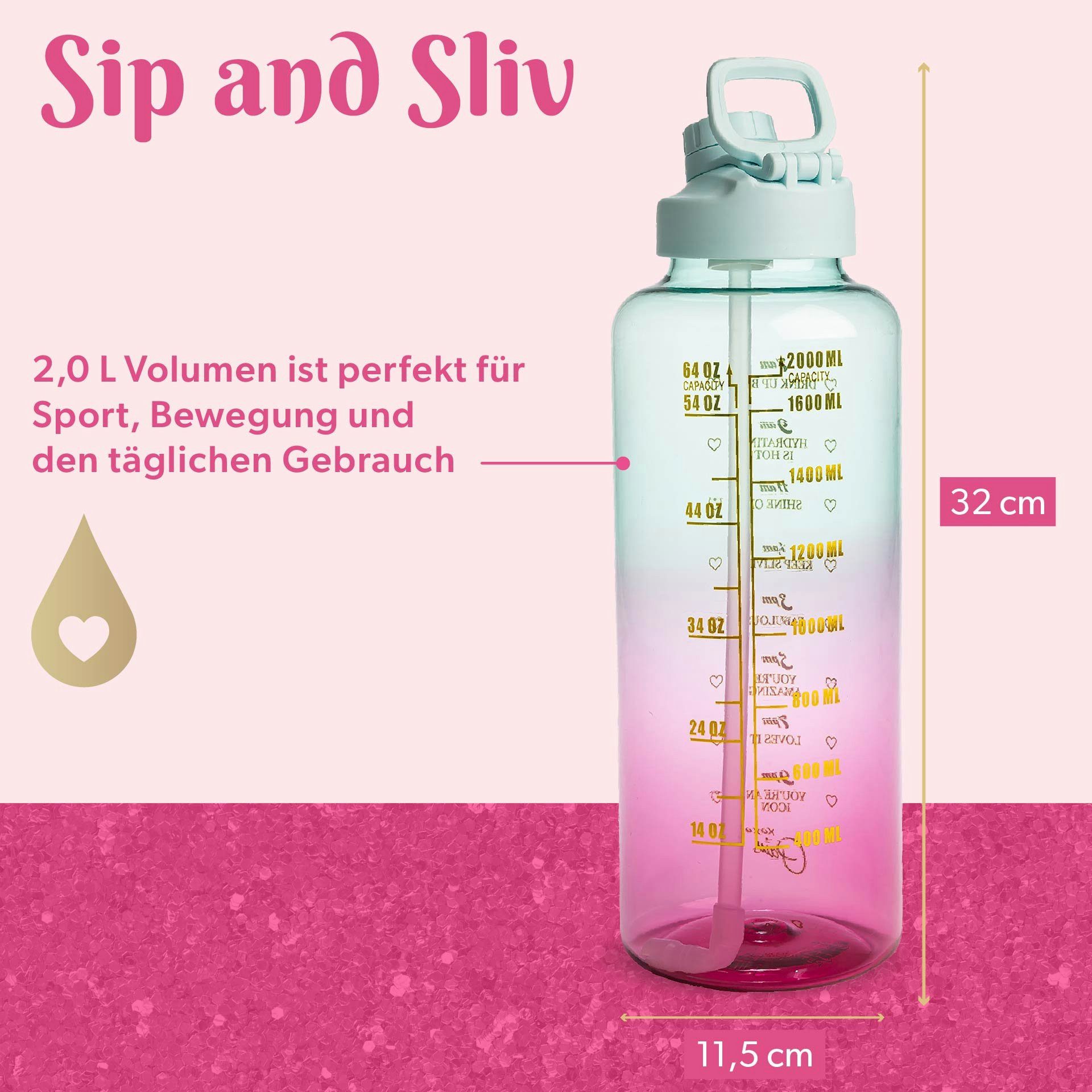 Paris Hilton Trinkflasche Trinkflasche 1,8 Liter in pink/blau - Auslaufsicher mit Strohhalm