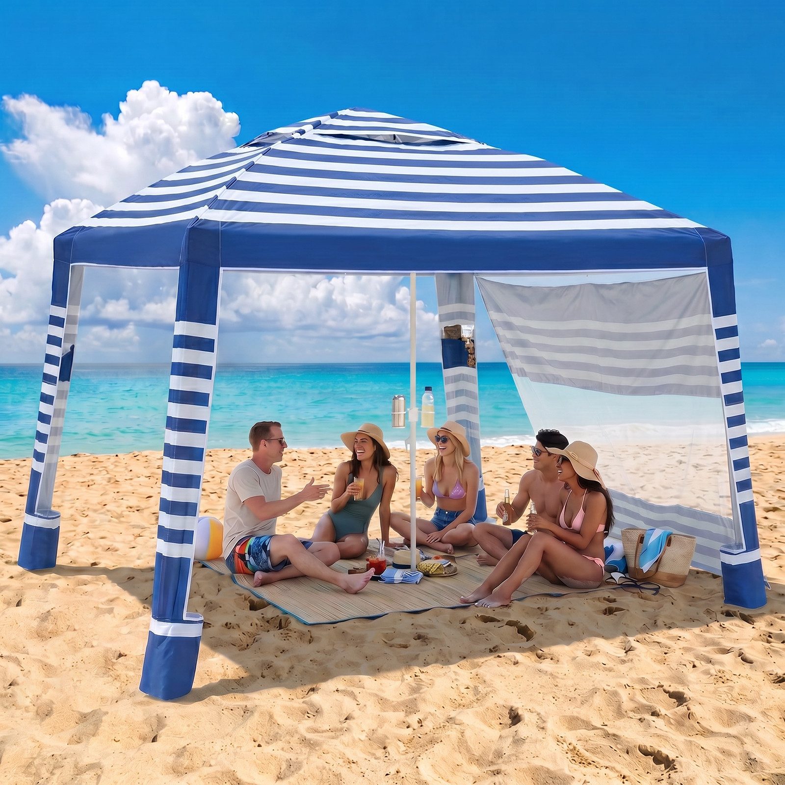 Sekey Strandmuschel Pop up Strandzelt 4 Personen mit Seitenvorhang Höhenverstellbar, 240 × 240 cm Strandmuschel UV Schutz 50+, Windfest für Strand