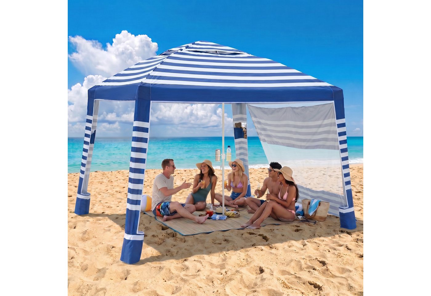 Sekey Strandmuschel 240 × 240 cm Pavillon Strandzelt Sonnensegel mit Seitenvorhang, Höhenverstellbar, mit Klappbarer Getränkehalter, UV Schutz 50+