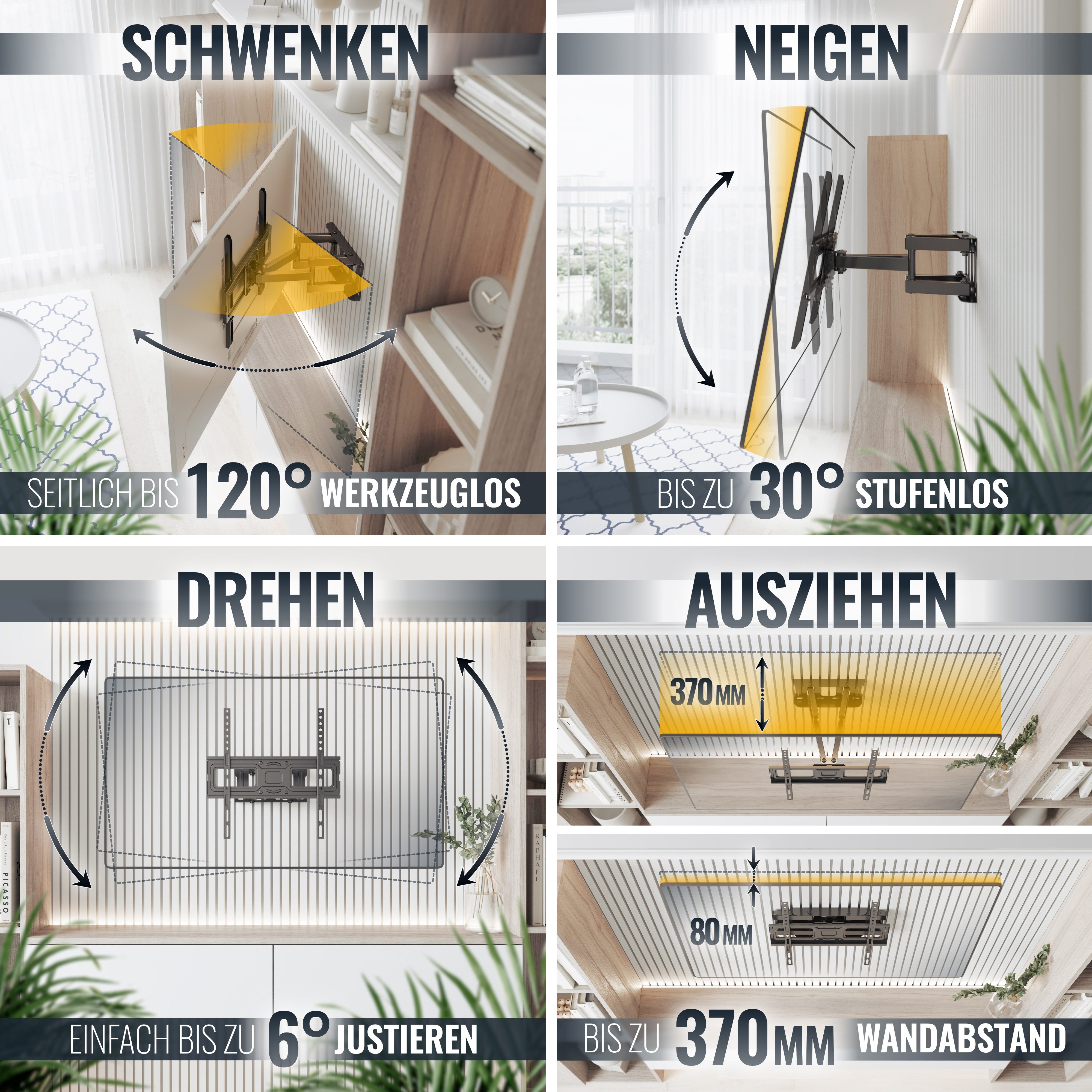 RICOO TV-Wandhalterung TV Wandhalterung 43 47 50 55 60 65 Zoll max 50 Kg schwenkbar S5244, (bis 65 Zoll, VESA 200x200 bis 400x400, 1-tlg., vollbeweglich ausziehbar neigbar ausziehbar 31" bis 65" Halterung, bis 12° Neigung, bis zu 120° Schwenkung Fernseher Halter universal)