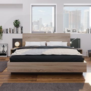 OKWISH Massivholzbett Natur Bett Solide (160x200cm mit Lattenrost ohne Matratze), mit 2 Nachtkommoden Modernes Bett inkl