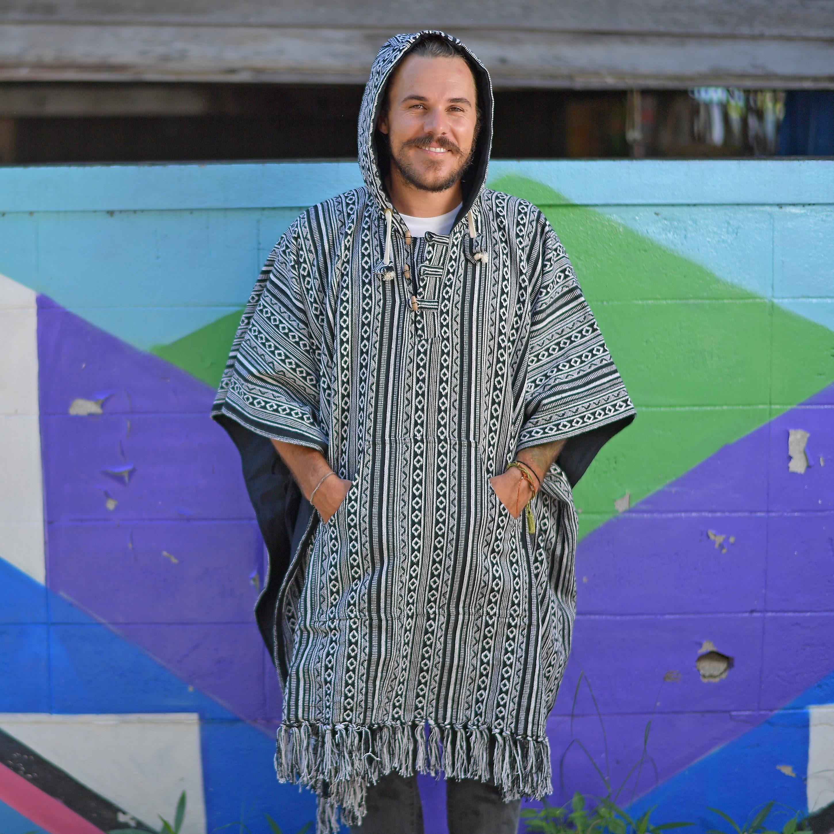 virblatt Poncho Herren & Poncho Damen, Baumwolle, Poncho Winter Jerga Hoodie Mexican zum Wenden