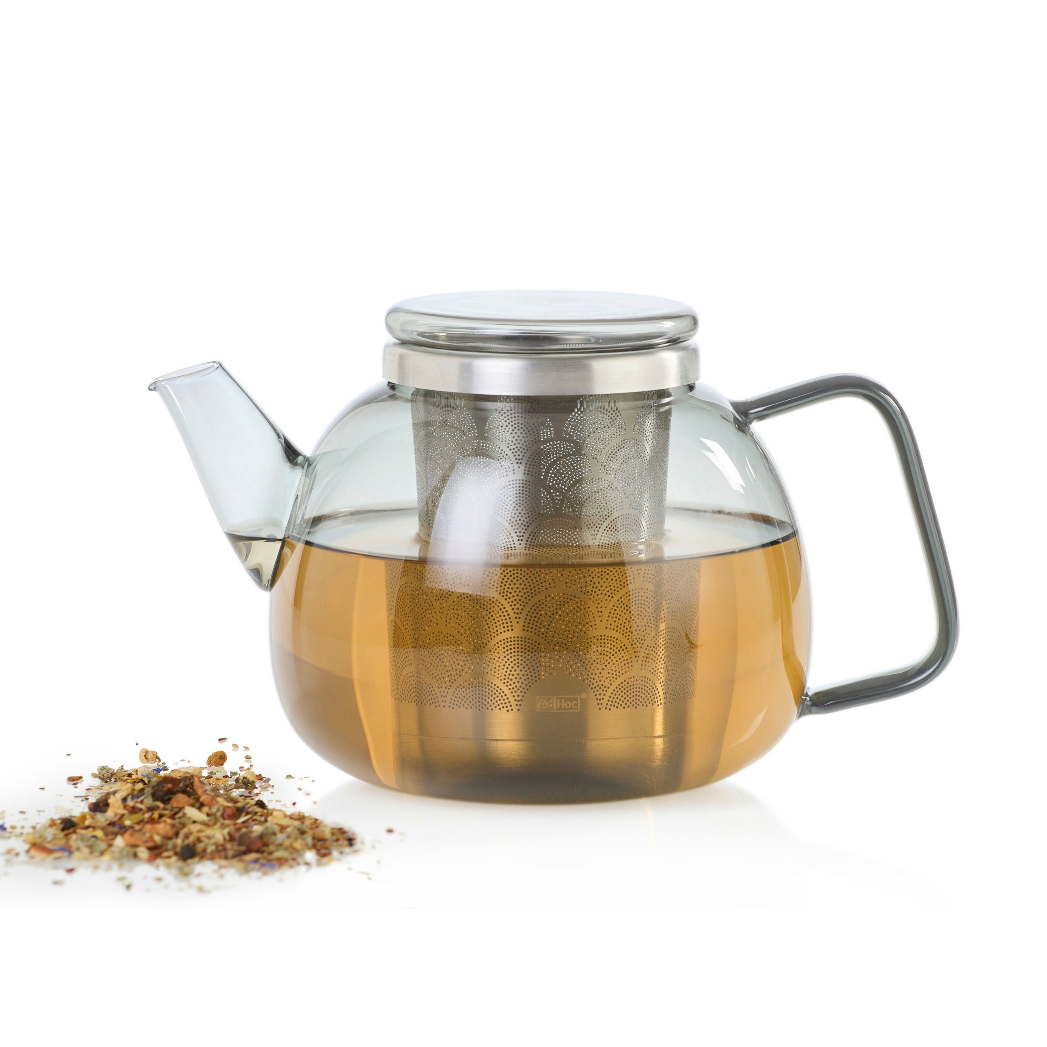 AdHoc Teekanne YUNA im Set mit Stövchen TUTO, 1,2 l, (Spar-Set, 2-St), edle Glaskanne in Rauchgrau mit Feinfilter und Stövchen