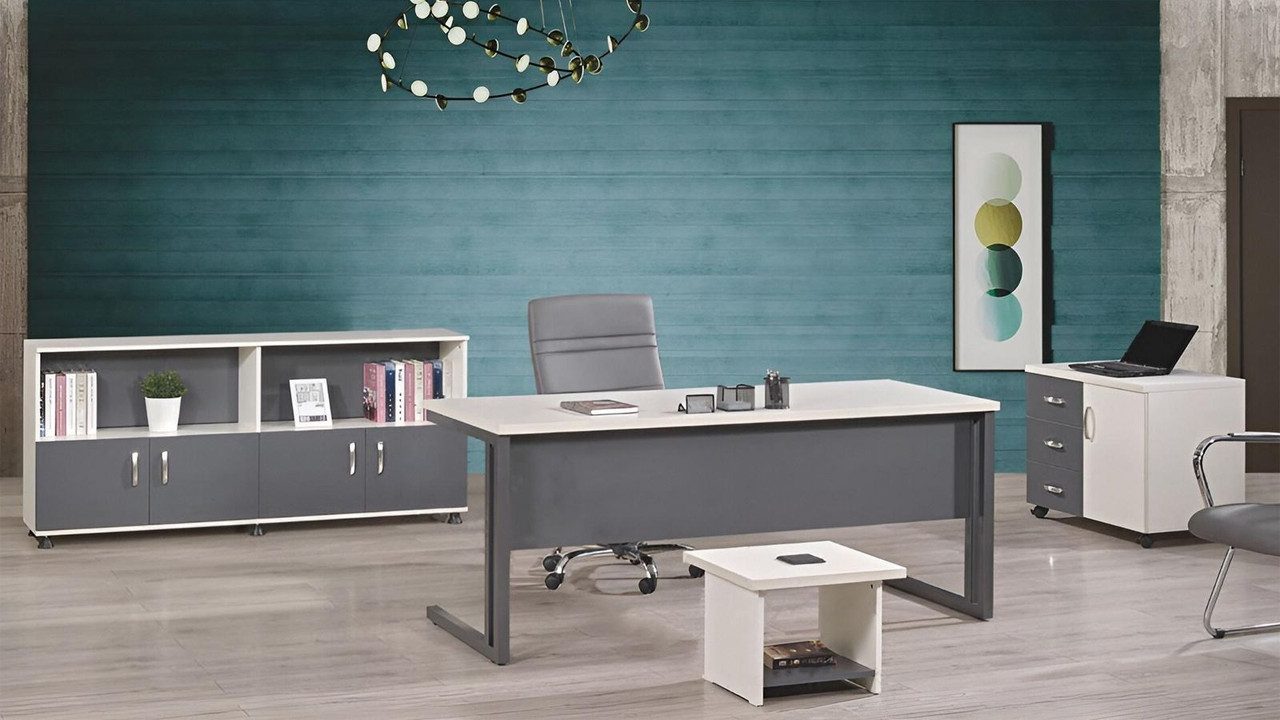 Büromöbel-Set Schreibtisch-Set aus grauem Holz mit Rollcontainer und Aktenschrank