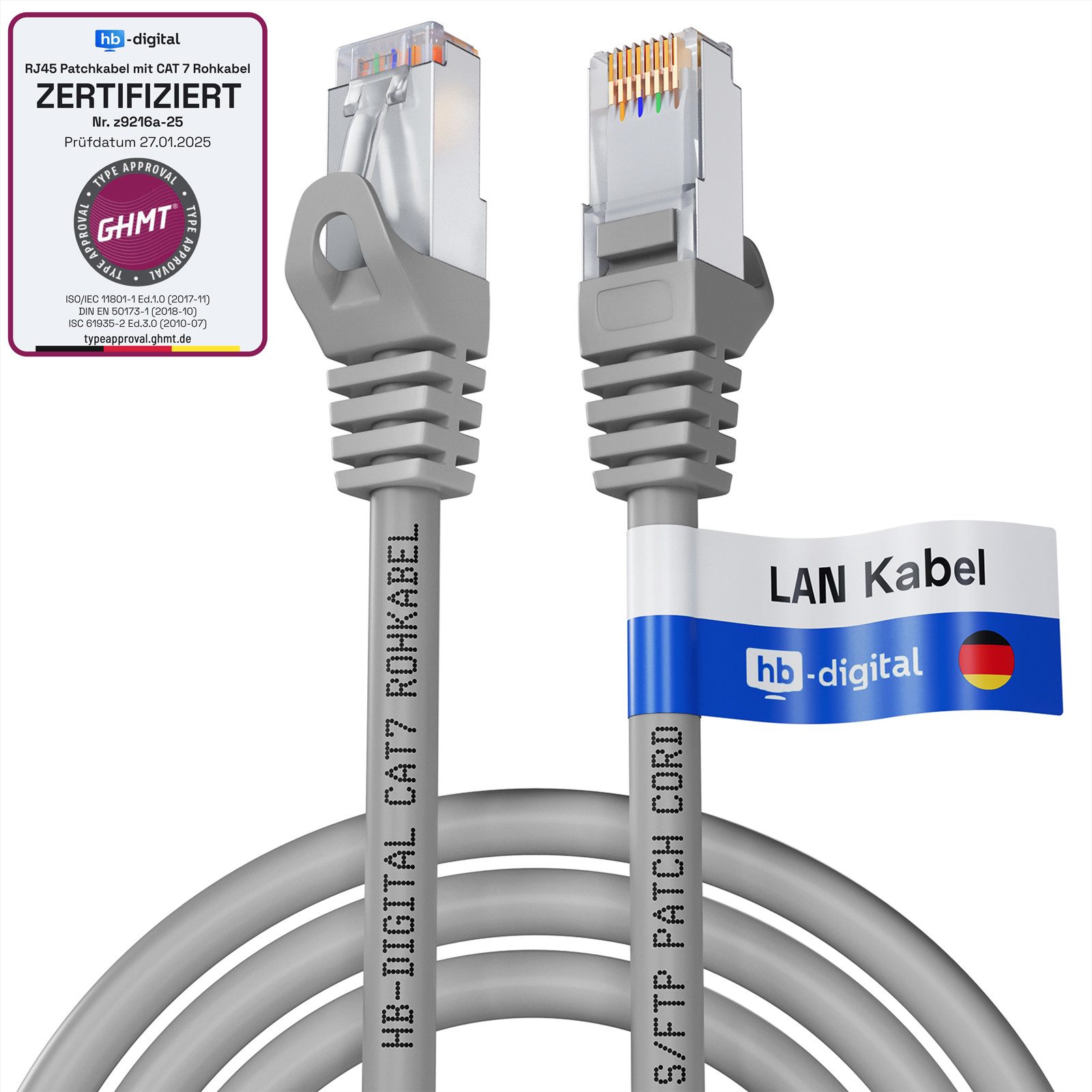 HB-DIGITAL Patchkabel CAT.7 Rohkabel LAN Электропровод Cat7 S/FTP PiMF LSZH Netzwerkkabel, Netzwerkstecker, RJ-45 (25 cm), Kontaktoberfläche: Pins Vergoldet 50µ