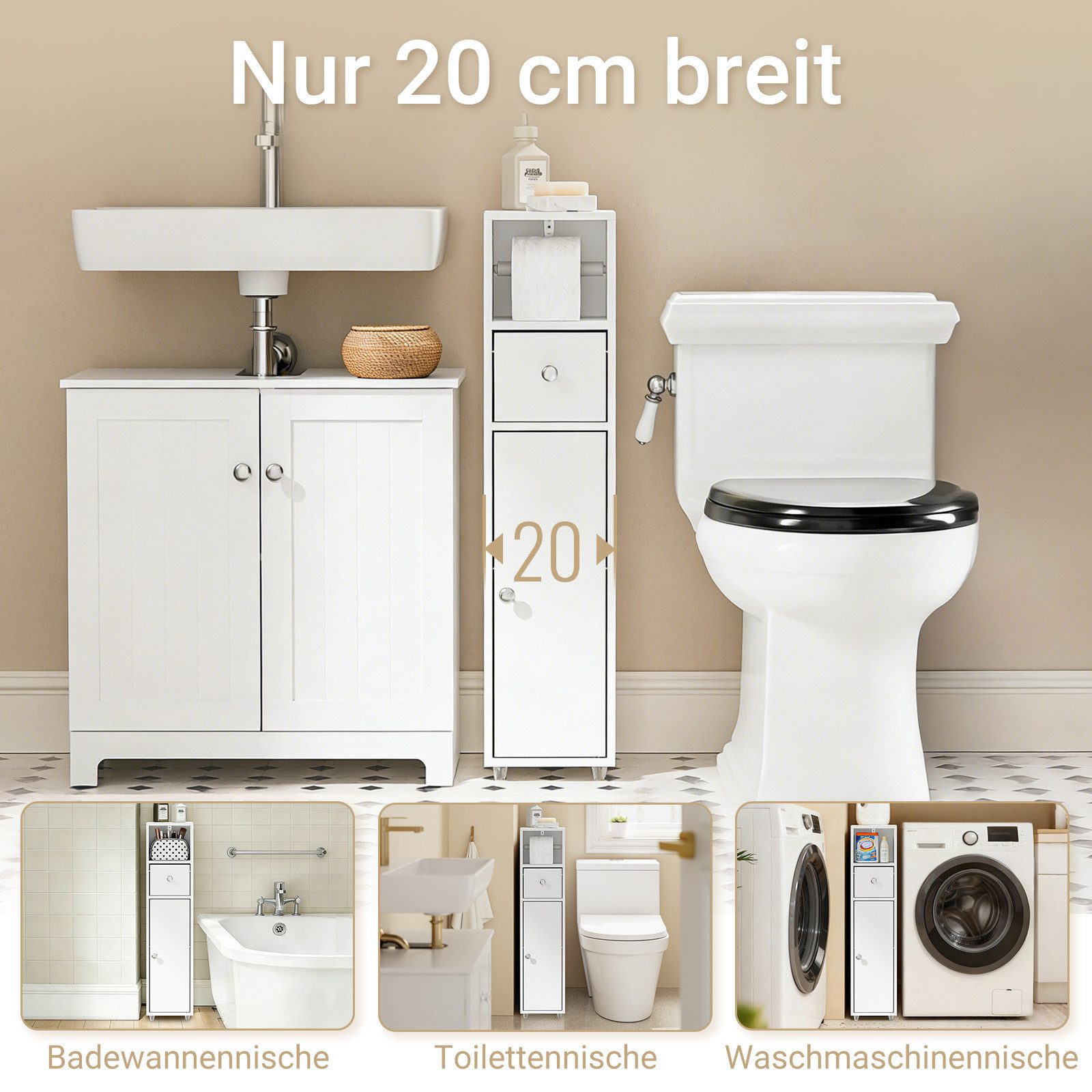 SoBuy Badkommode BZR219, Badezimmerschrank schmal, Toilettenpapierschrank mit Schublade, Badschrank Badkommode mit Papierrollenhalter, Nischenregal