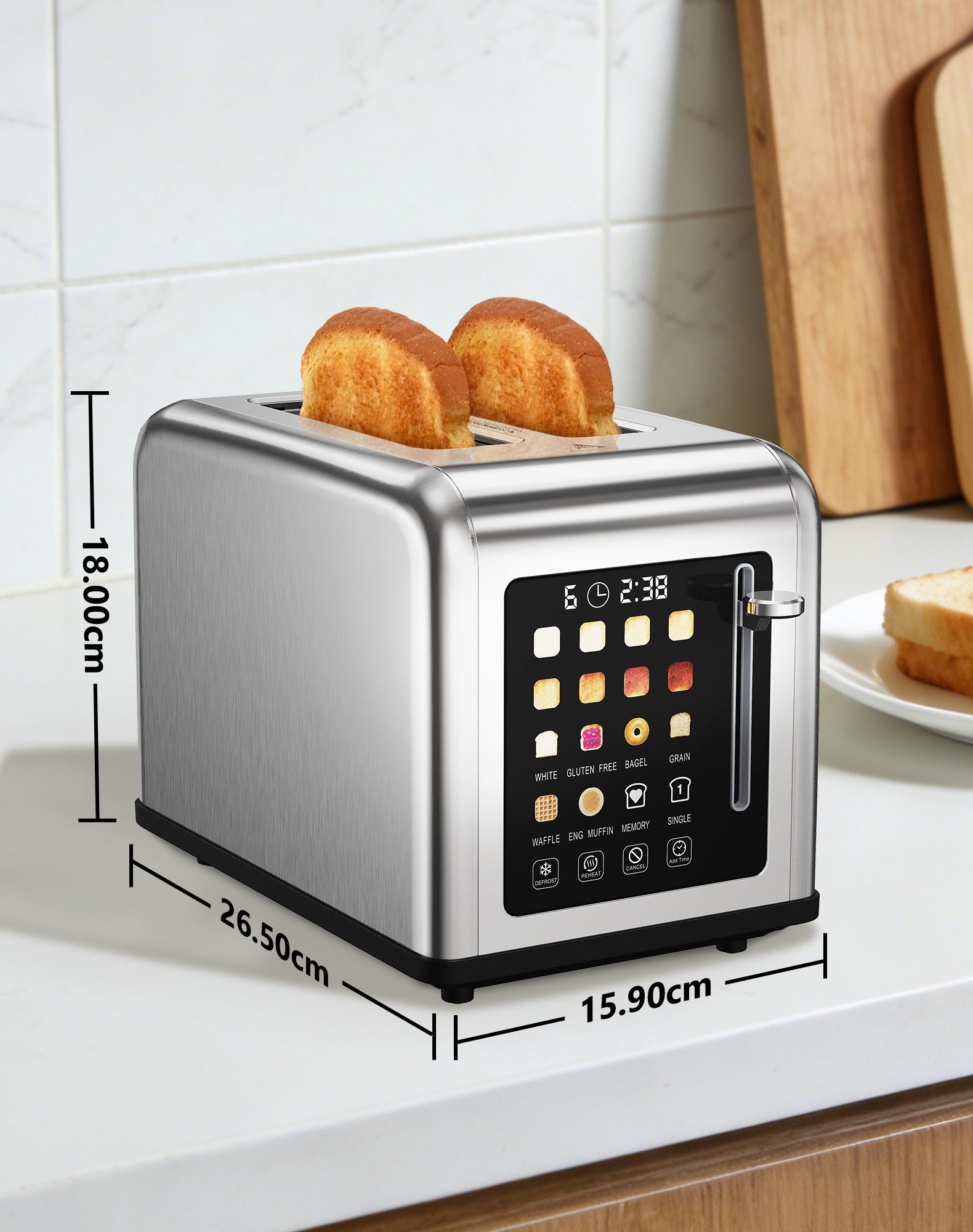Fofile Toaster 2/4 Scheiben mit Abbruch-, Auftau- & Aufwärmfunktion, 4 kurze Schlitze, für 4 Scheiben, 1760 W, LED Anzeige, Berührungskontrolle, 8 Bräunungsstufen, 6 Brotsorten