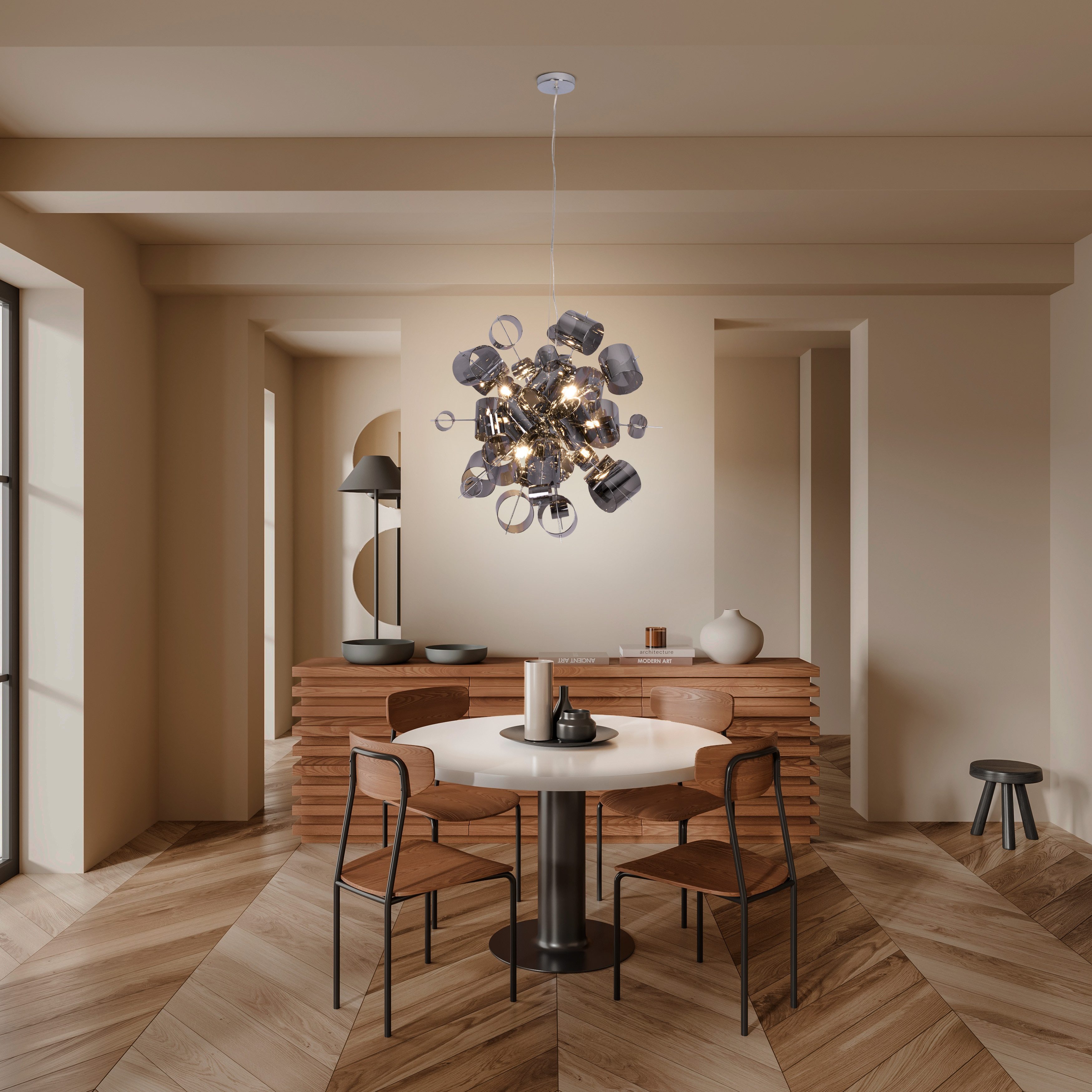 näve Pendelleuchte Sirius, ohne Leuchtmittel, exkl. 9x G9, aus hochwertigem Metall in Chrom, Gläser smokey, H: 190cm