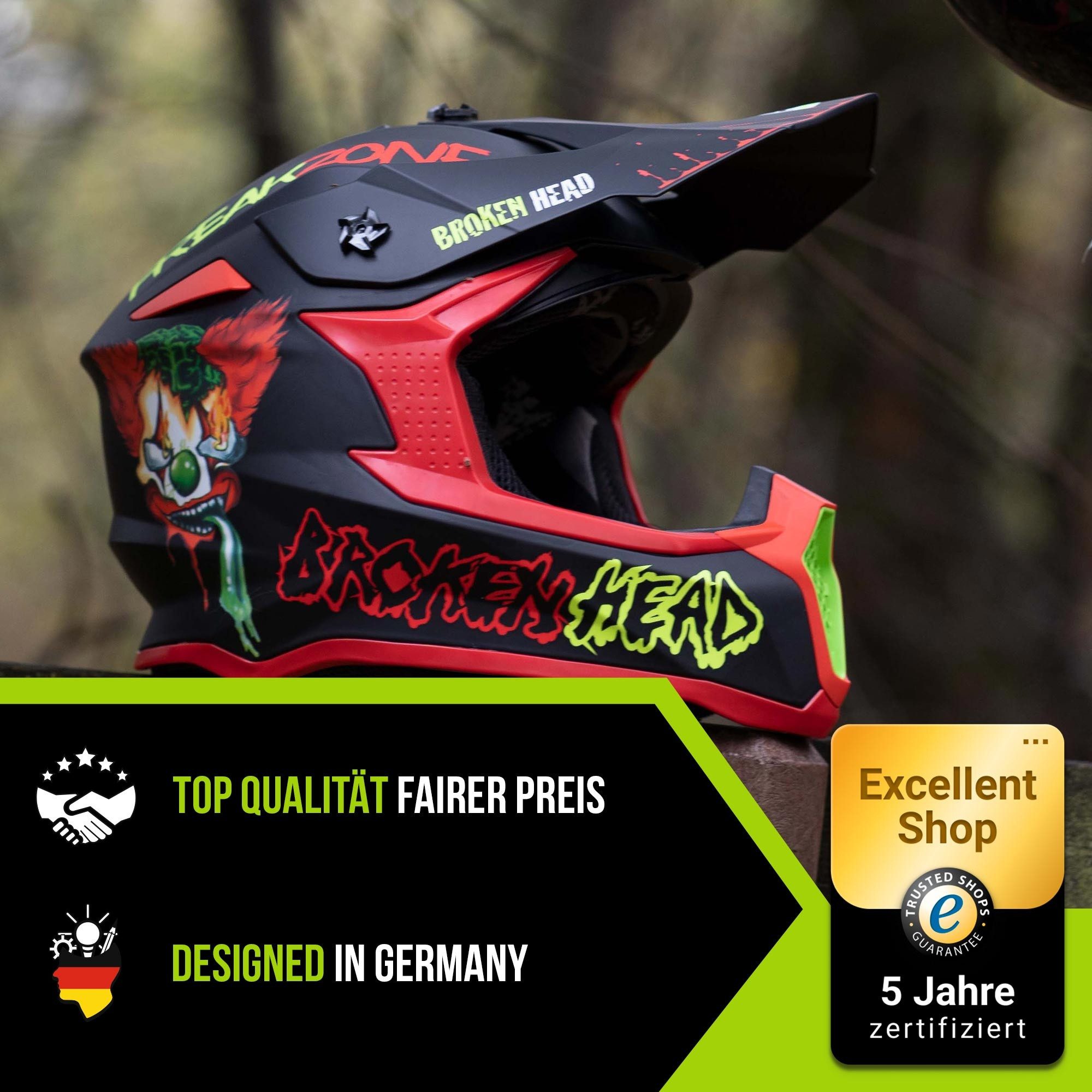 Broken Head Motocrosshelm Freakzone Schwarz-Grün-Rot (Mit MX-2-Brille Rot), Auffälliges Design