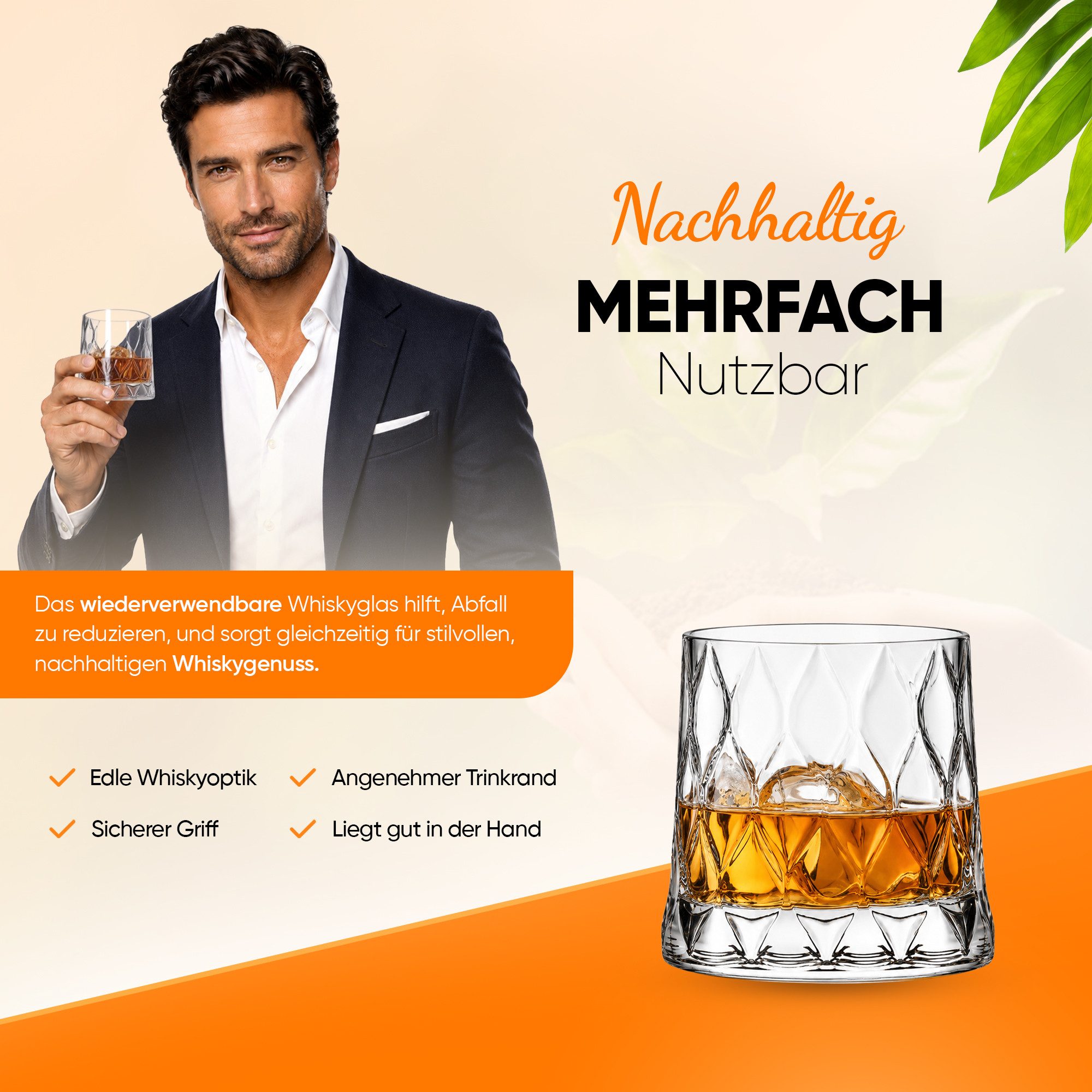 Pasabahce Gläser-Set Leafy Whiskeyglas, 4-tlg., Glas, ideal für Whisky, Bourbon & Cocktails, 300ml, 4er Set