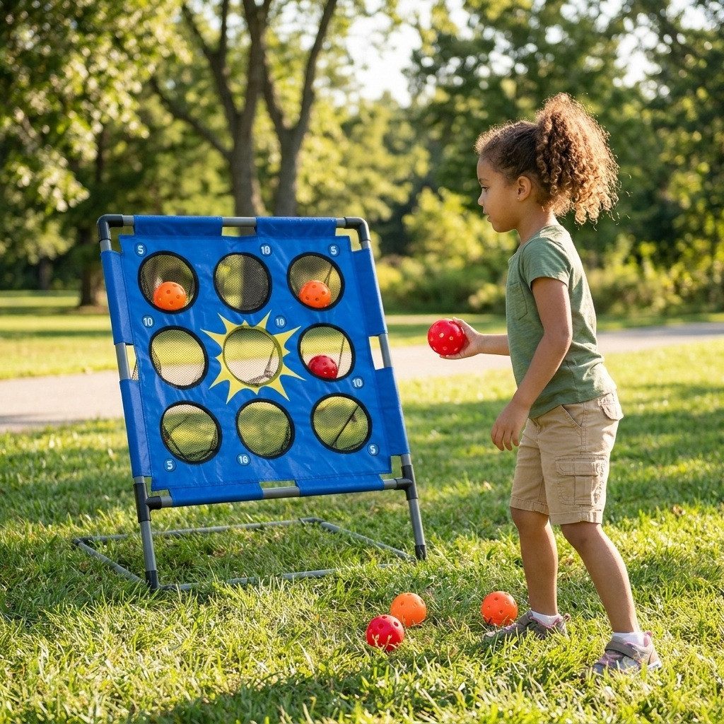 FASports Ballwand Wurfball-Spiel Set Bolimo, Outdoor Ballspiel, Indoor Wurfspiel, (Set, 1-St., Wurfspiel mit Wurfbällen, Ballspiel mit Zielscheibe), Set mit 9 Zielfeldern um (5, 10, 20) Punkte zu sammeln