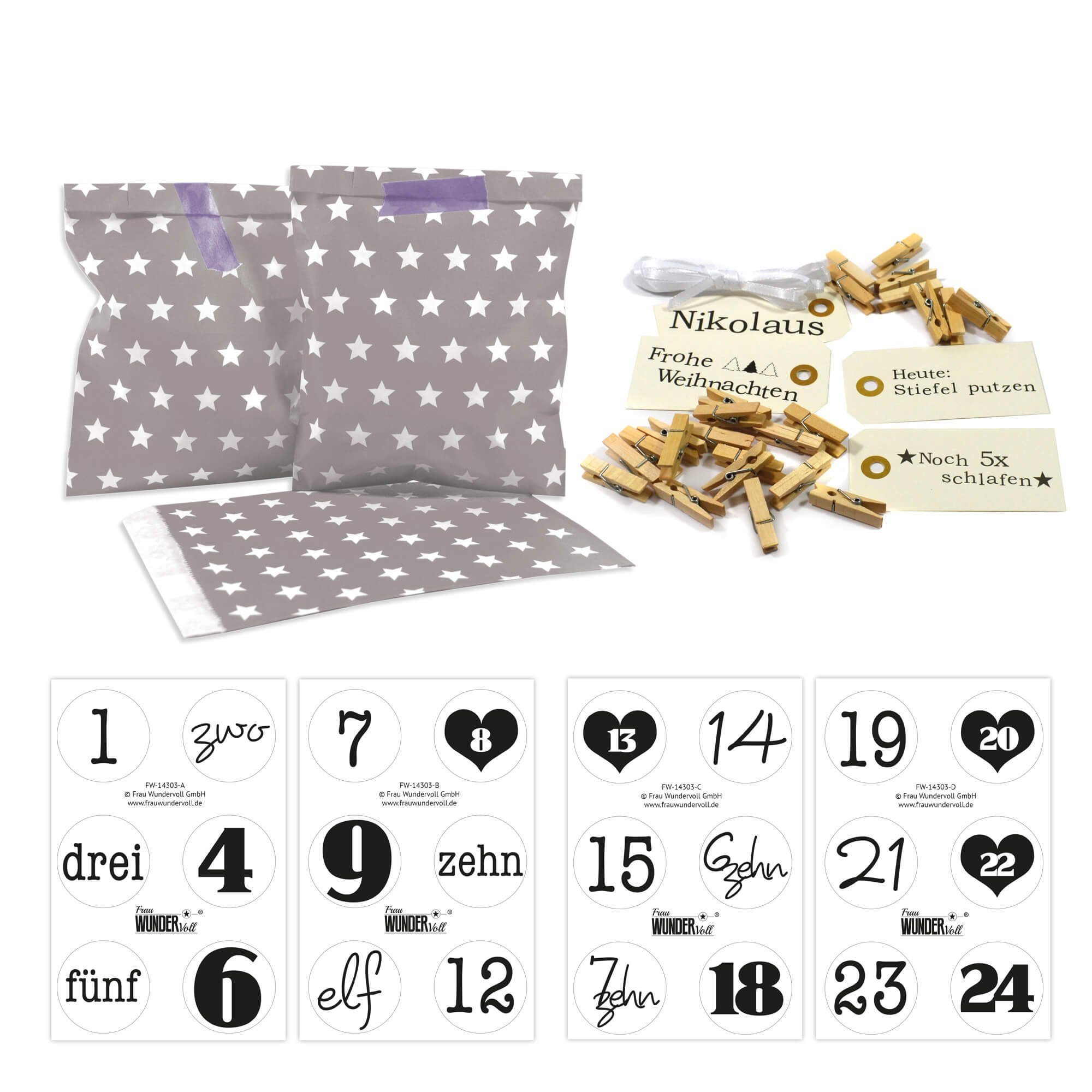 Frau WUNDERVoll befüllbarer Adventskalender Adventskalender Bescherung, taupe Stern, Ziffern schwarz-weiß