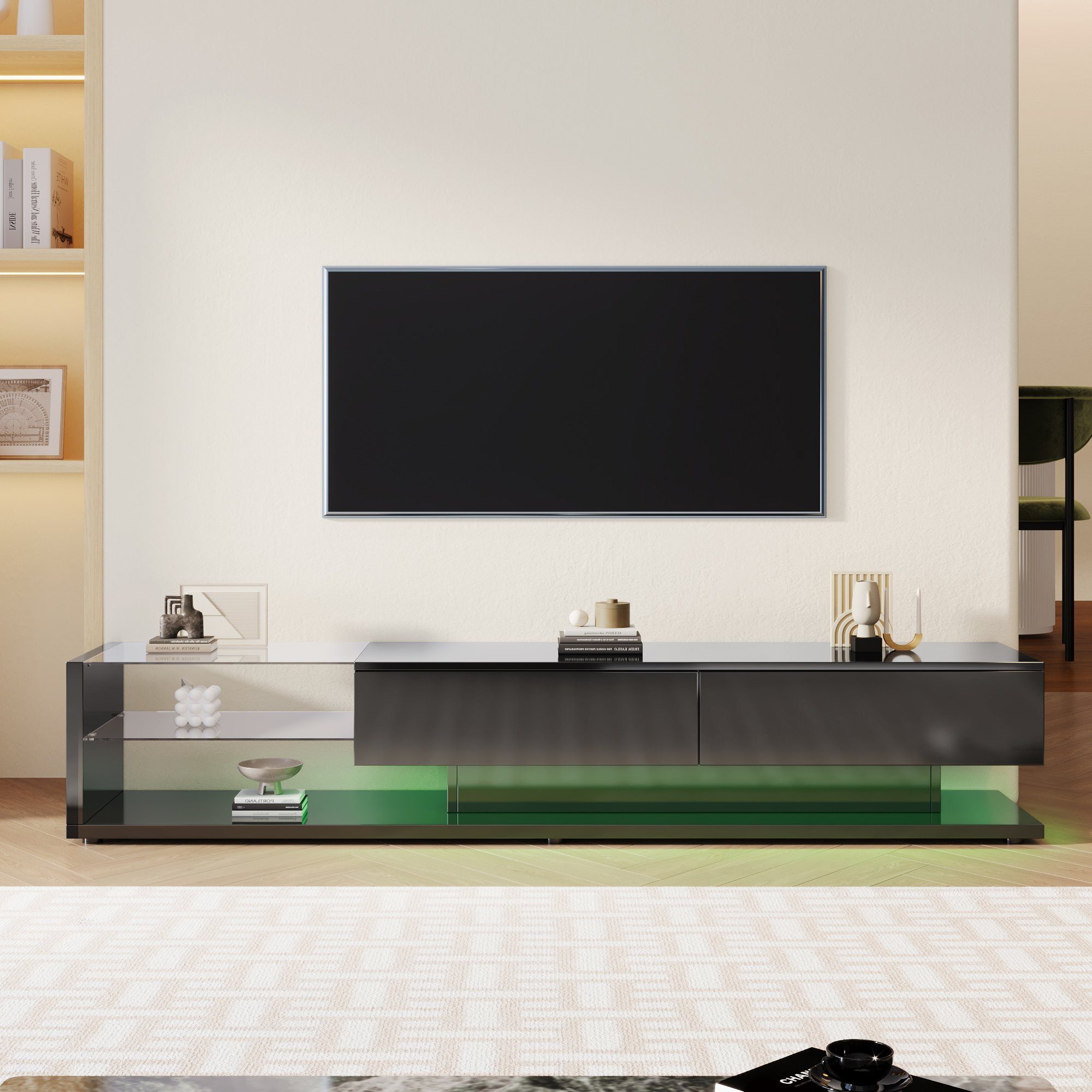 KLAM HOME TV-Schrank TV Lowboard mit LED-Beleuchtung und Schubladen (Unterschrank in wohn-, Schlaf- und Arbeitszimmer, bis zu 65 Zoll) Fernsehschrank sideboards Lowboard für Fernseher bis zu 50kg belastbar schwarz | schwarz