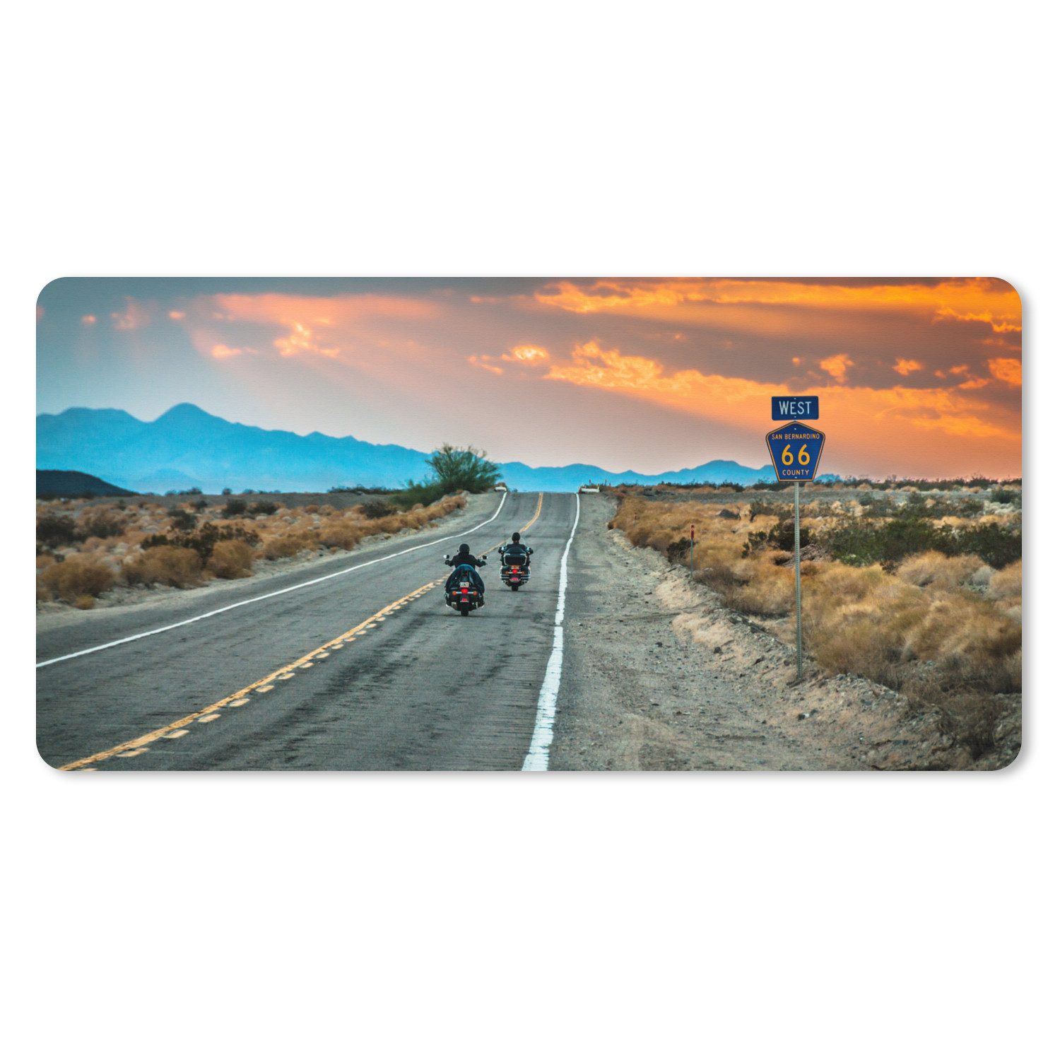 MuchoWow Mauspad Zwei Motorräder auf der Route 66 (1-St), Mousepad mit Rutschfester Unterseite, Gaming XXL, Großes, 120x60 cm