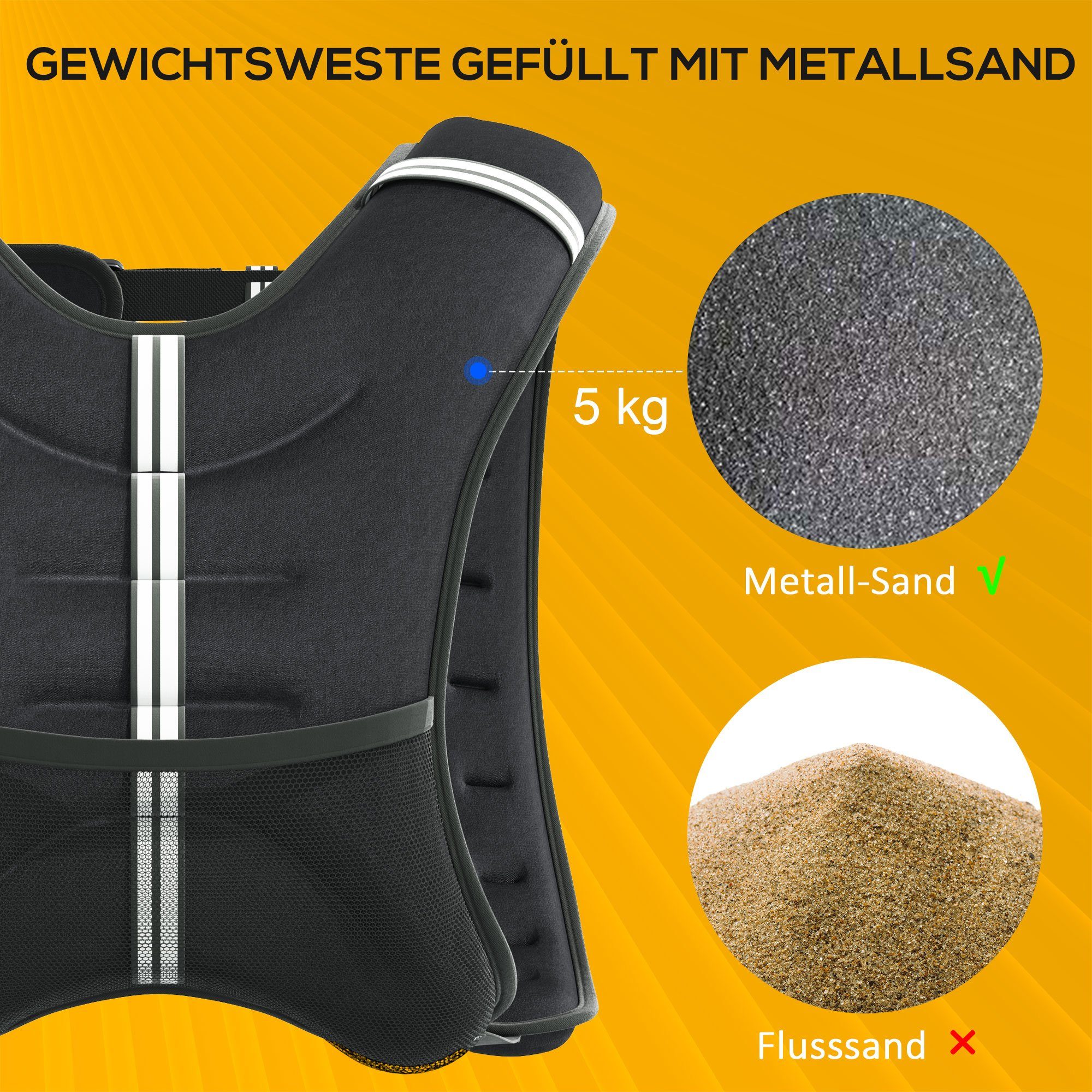 HOMCOM Gewichtsweste Weight Vest Krafttrainning Oxford-Gewebe Metallsand Schwarz 40 x 35 cm, (Krafttrainning Mann,Frau, 1-tlg., 5 kg verstellbar für Gewicht Tranning), Schwarz 40 x 35 cm