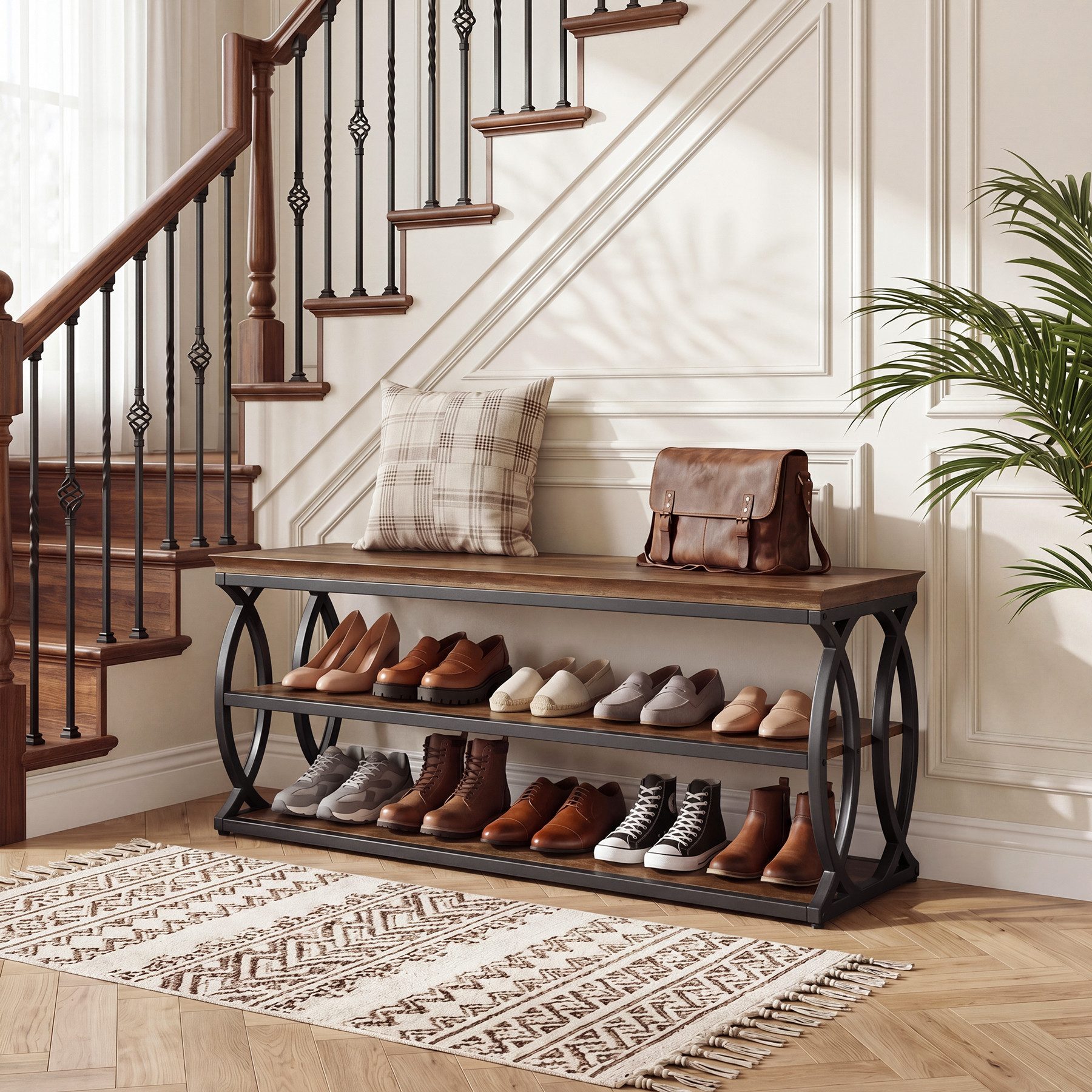 Tribesigns Schuhbank für den Eingangsbereich, 3-stöckiges Schuhregal im Industrial-Stil (Packung, Schuhregal mit Metallgestell für Flur, Wohnzimmer und Ankleidezimmer), rustikaler Schuhschrank aus Holz mit Ablage