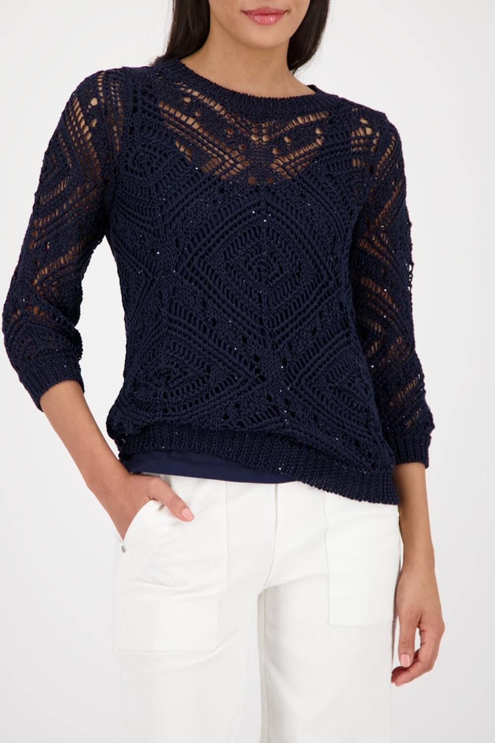 Monari Rundhalspullover 410261 Ajour Strickpullover günstig online kaufen