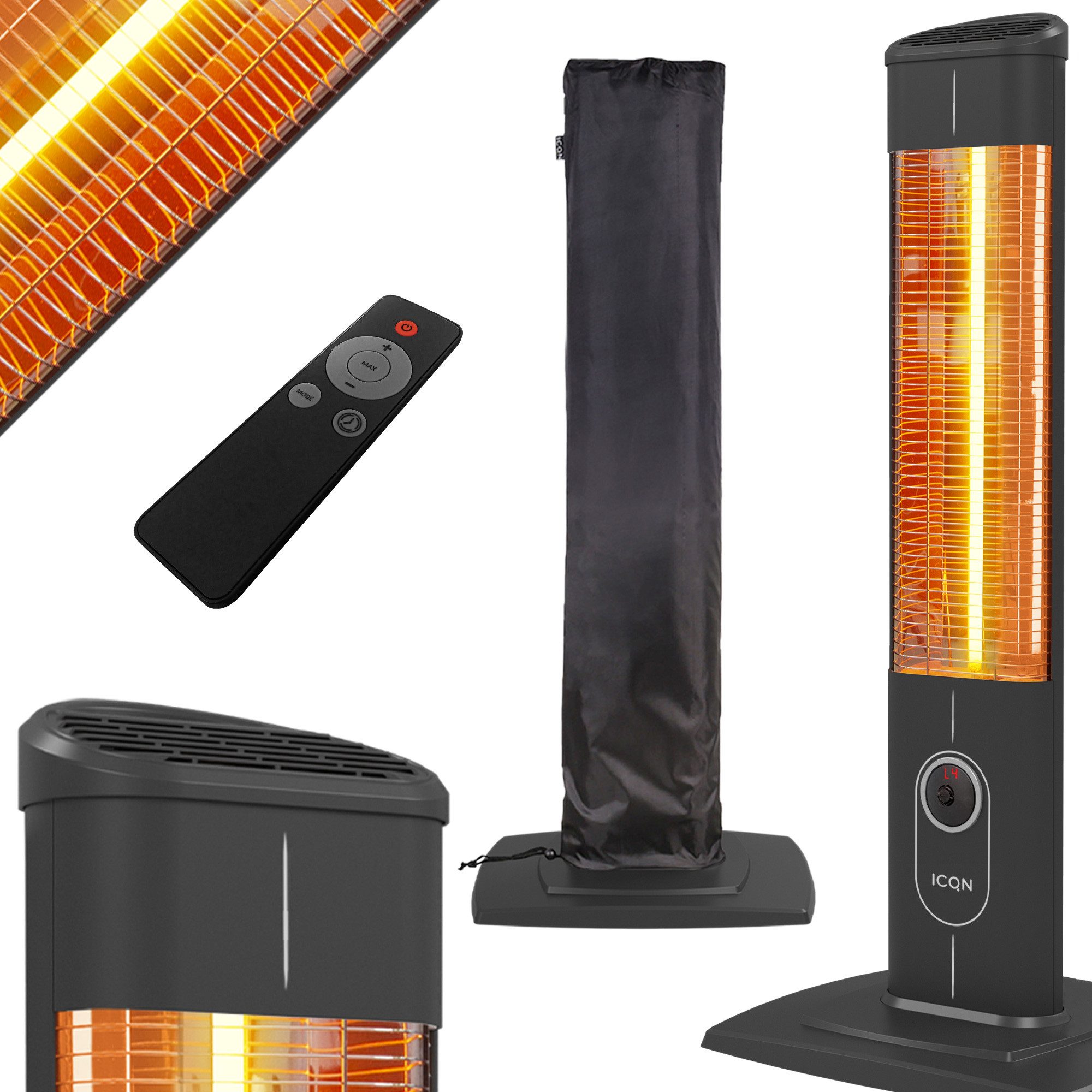ICQN Heizstrahler IC2300.R-KABEL, Stand Heizstrahler mit Wasserdicht Schutzhülle, 2300 W, mit Fernbedienung, Kohlenstoff Infrarotstrahler, Innen- & Außenbereich