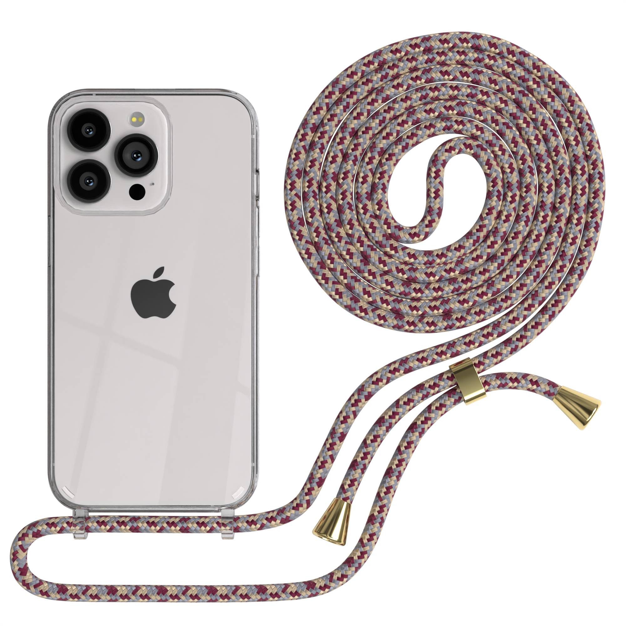 EAZY CASE Handykette Hülle mit Kette für Apple iPhone 13 Pro 6,1 Zoll, Hülle mit Umhängeband Bumper Case Hülle mit Band Rot Beige Camouflage