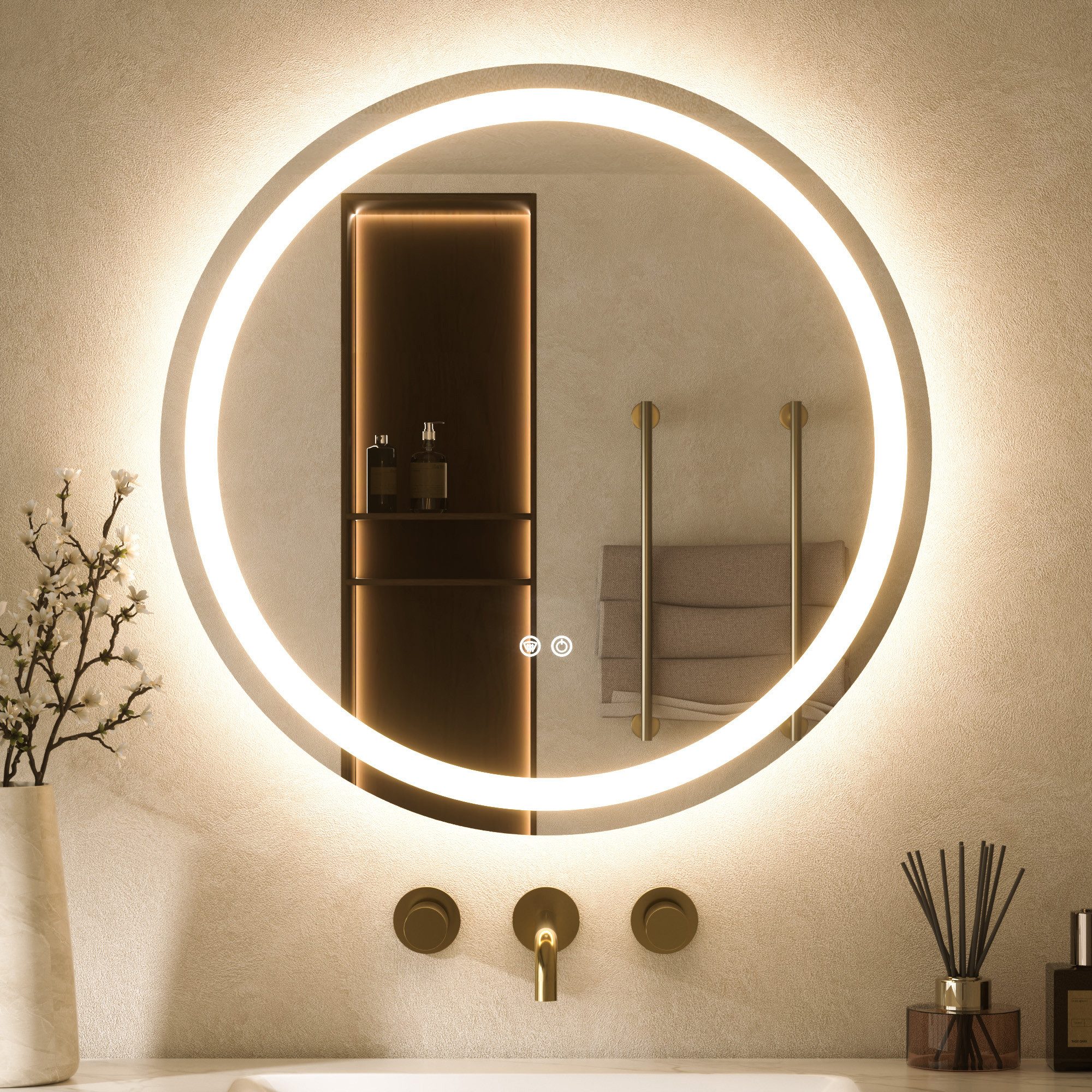 Keonjinn Badspiegel Spiegel Rund mit Beleuchtung Vorder- und Rückbeleuchtung LED Spiegel (Montage quer & hoch), 3 Lichtfarben, Dimmbar, Touch Antibeschlag, Speicherfunktion, IP44