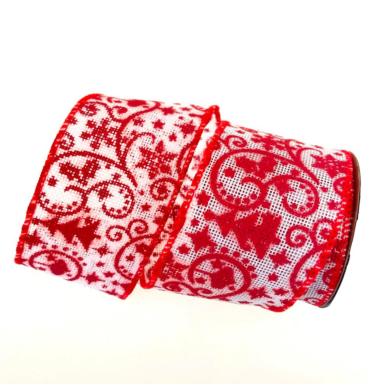 Deko AS Dekoband Weihnachtliches Leinenstrukturband "Stern & Ranke" - col. 02 weiß rot