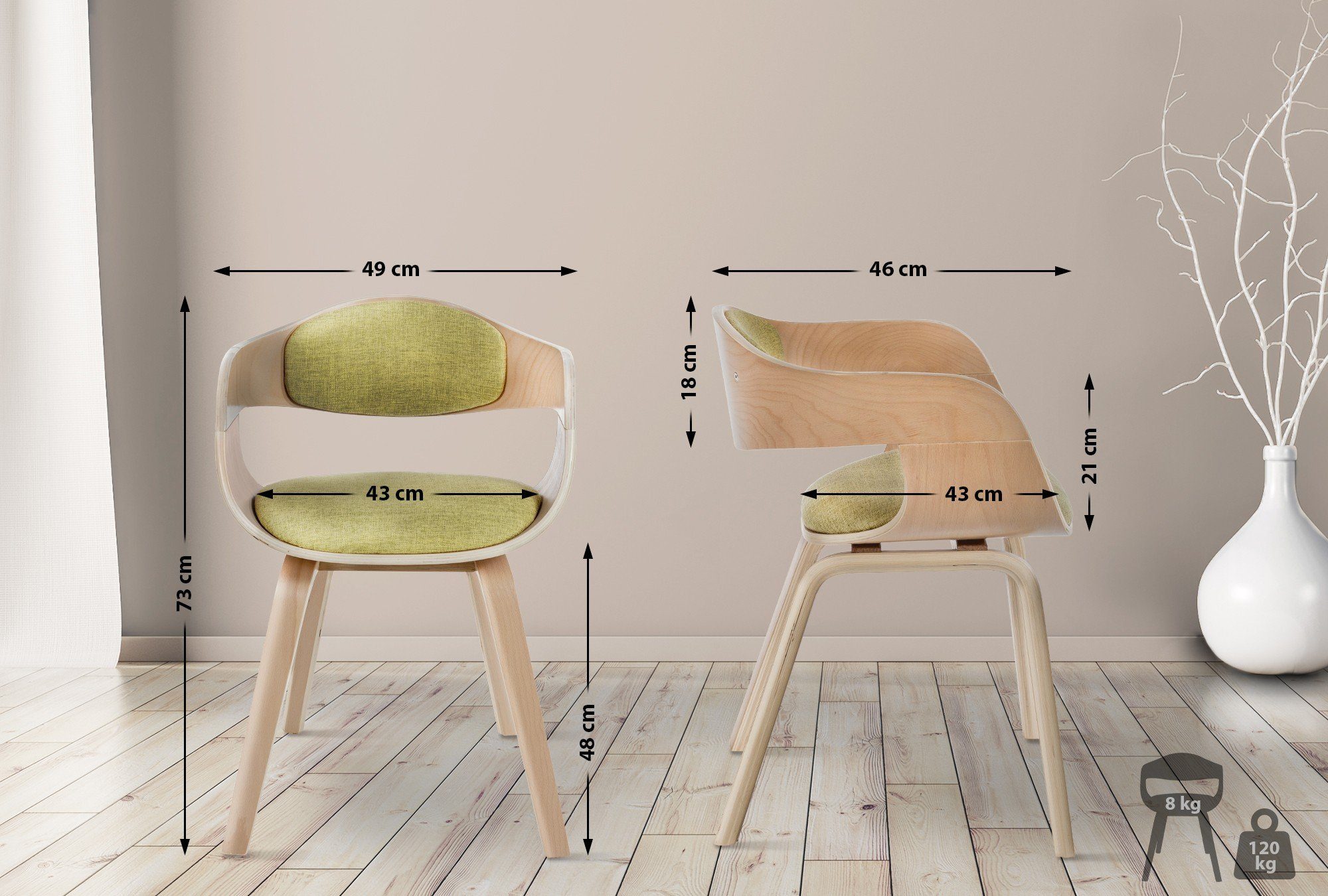 CLP Esszimmerstuhl Kingston natura/hellgrün Stoff Holzgestell&Polsterung (2er Set)