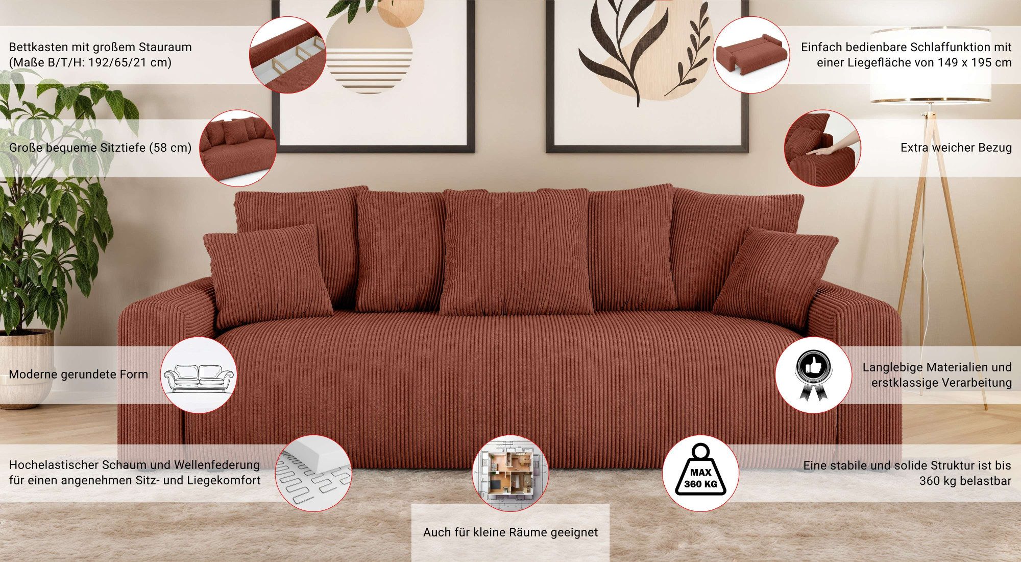 Home affaire Big-Sofa LAKESIDE klein 3-Sitzer Schlafsofa mit Bettkasten, Breite 238 cm, Liegefläche 149x195 cm, hoher Sitzkomfort, Maße B/T/H: 238/98/85cm – Bild 3 von 5
