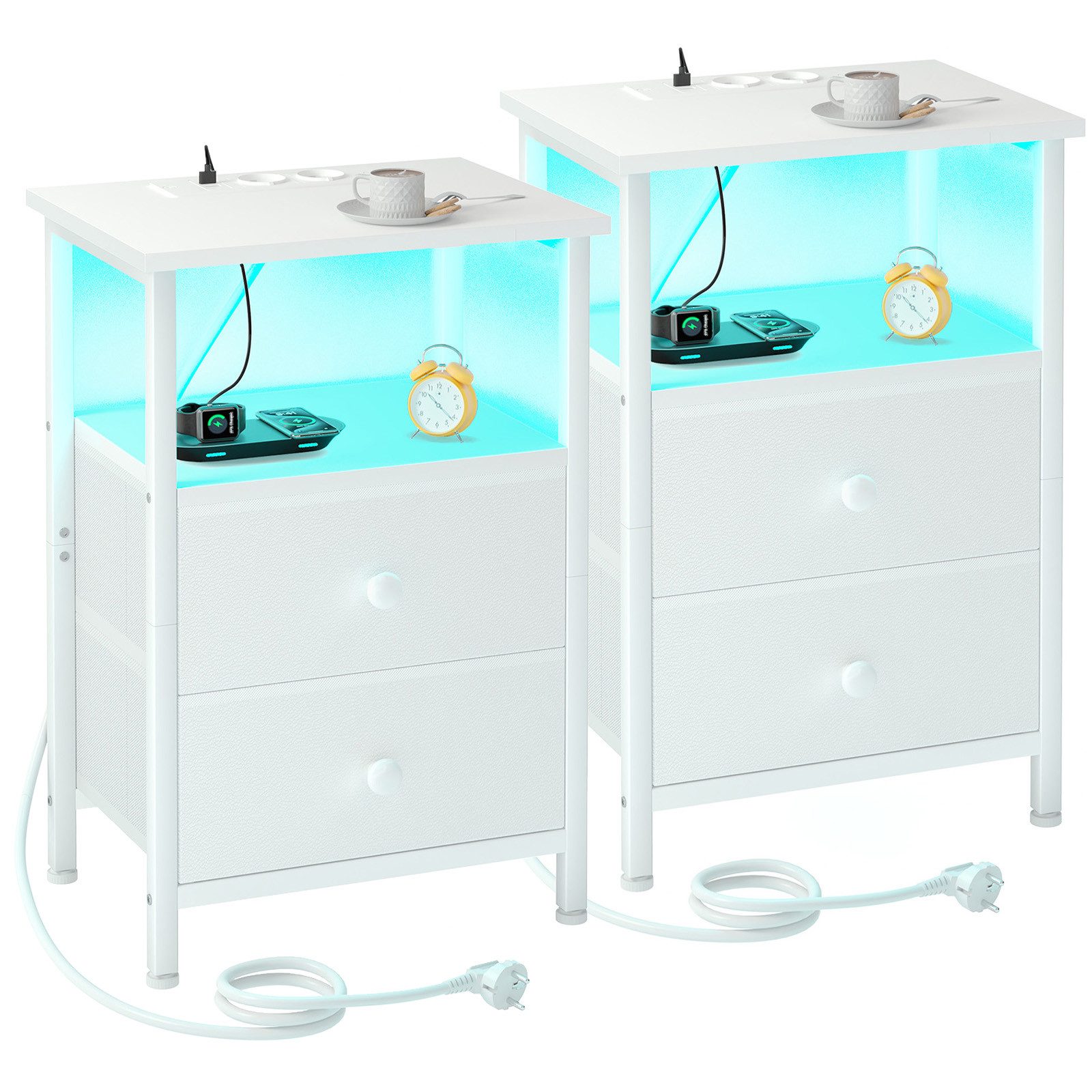 AMHANCIBLE Nachttisch 2er-Set mit integrierter Ladestation, LED-Beleuchtung & 2 Schubladen (2-St), multifunktionaler Beistelltisch mit offenem Fach, 40x30x60cm