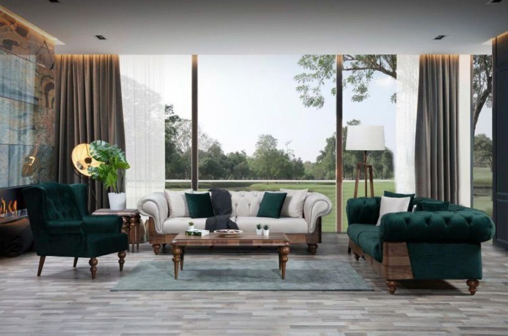 2x Luxus Möbel, Europa Made Wohnzimmer-Set Sofa JVmoebel Zwefarbige (3-St., 3+3+1 Chesterfield Moderne in Sofagarnitur 3-Sitzer/Sessel),