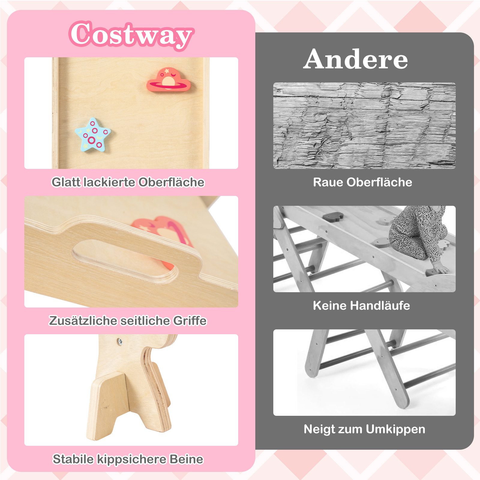 COSTWAY Klettergerüst, (4-St), mit Rutsche, Kletterbogen, Netz, doppelseitige Rampe