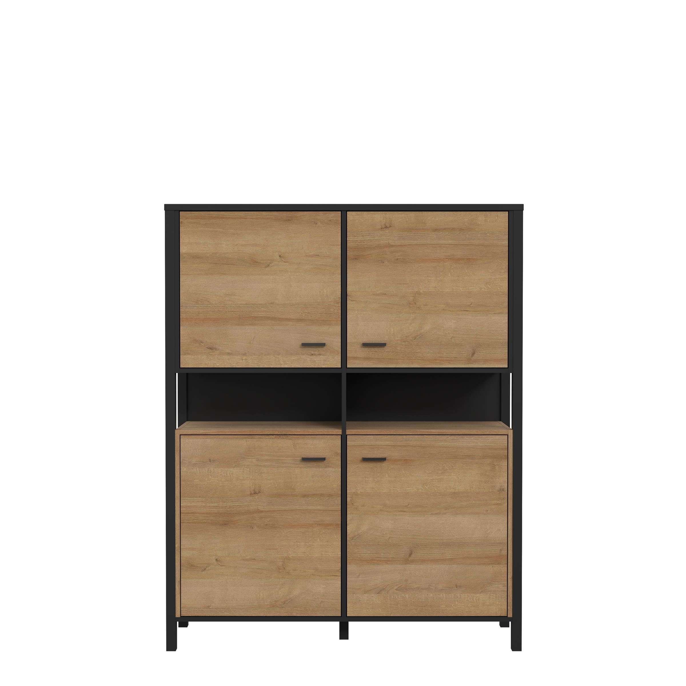 4 Riviera Holztüren, Aktenschrank Breite möbelando cm 152,3 mit aus Eiche Spanplatte 4 Gestell 121,3 Tiefe Schwarz Hialeah Höhe und Einlegeböden in im cm, in Fächern. Industrial-Design Schrank 40,2 cm, offenen 2 Nachbildung,