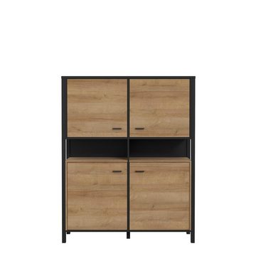 möbelando Aktenschrank Hialeah Schrank im Industrial-Design aus Spanplatte in Riviera Eiche Nachbildung, Gestell in Schwarz mit 4 Holztüren, 4 Einlegeböden und 2 offenen Fächern. Breite 121,3 cm, Höhe 152,3 cm, Tiefe 40,2 cm