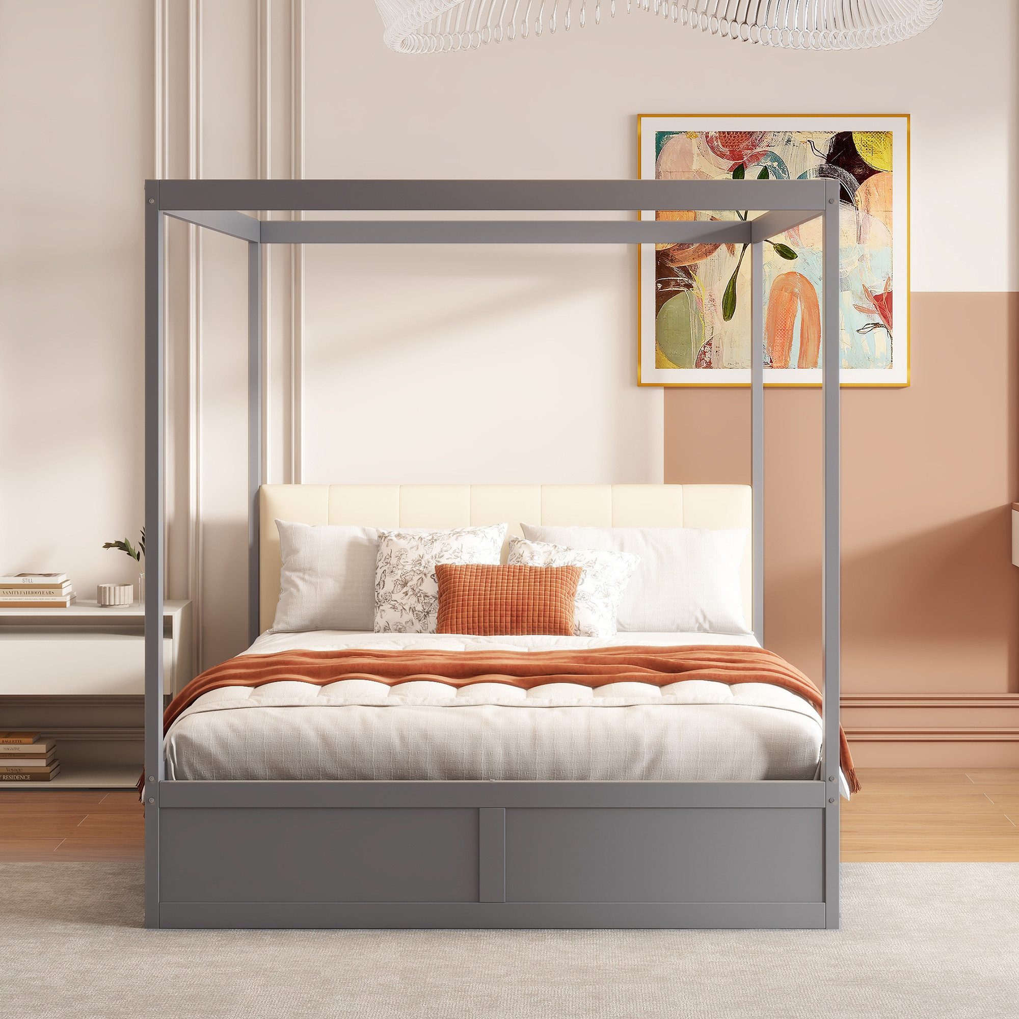 OKWISH Bett Himmelbett aus Holz, Doppelbett Kinderbett Hausbett (mit großen Schubladen und gepolsterter Rückenlehne, 140 x 200 cm), ohne Matratze
