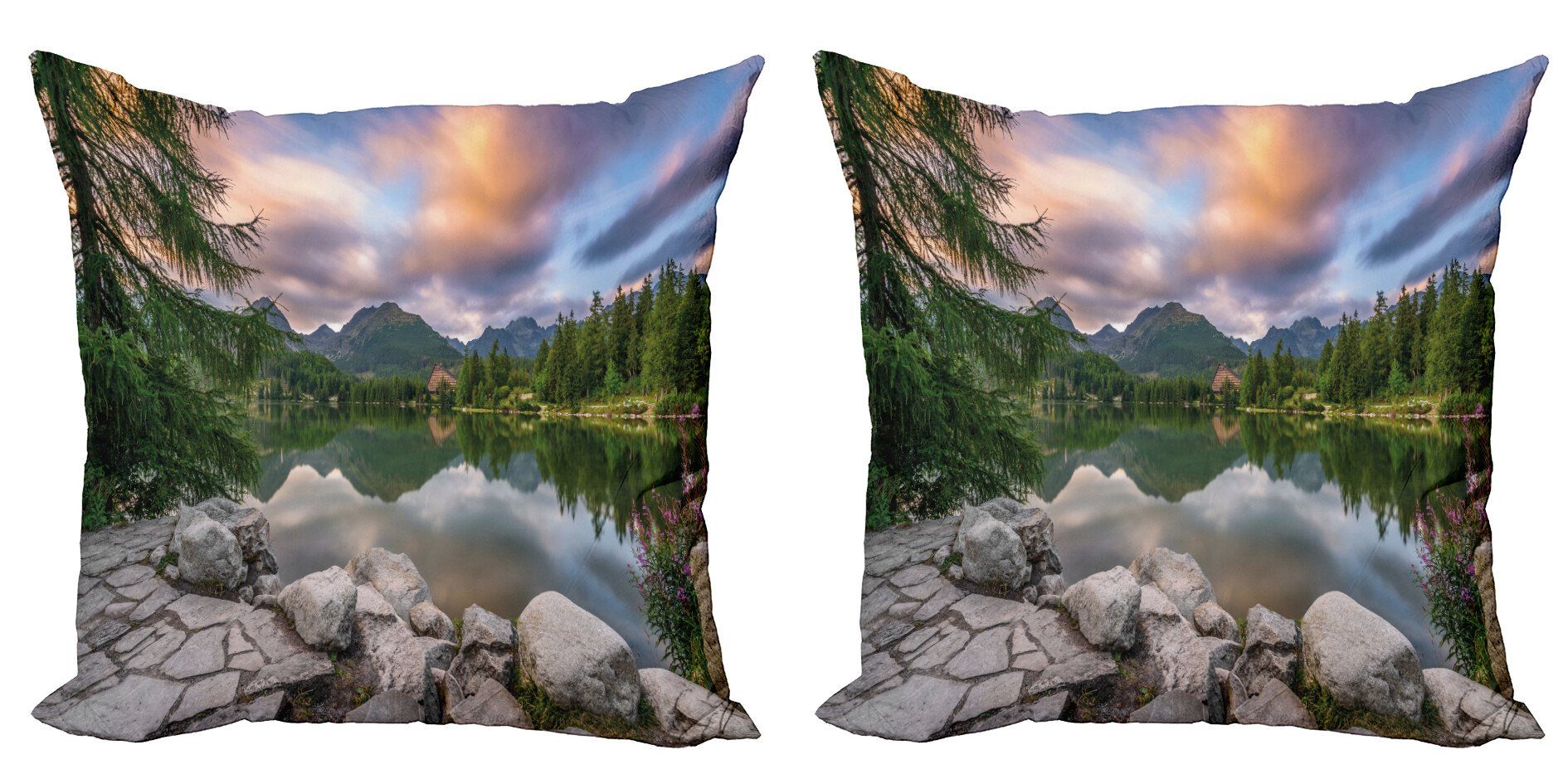 Kissenbezüge Modern Accent Doppelseitiger Digitaldruck, Abakuhaus (2 Stück), Natur See durch Wald Berg
