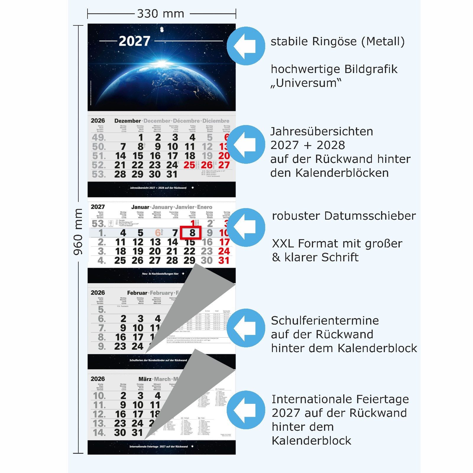 Anschütz Wandkalender 4-Monatskalender 2027 mit Bild Universum großer Wandkalender – Bild 2 von 2