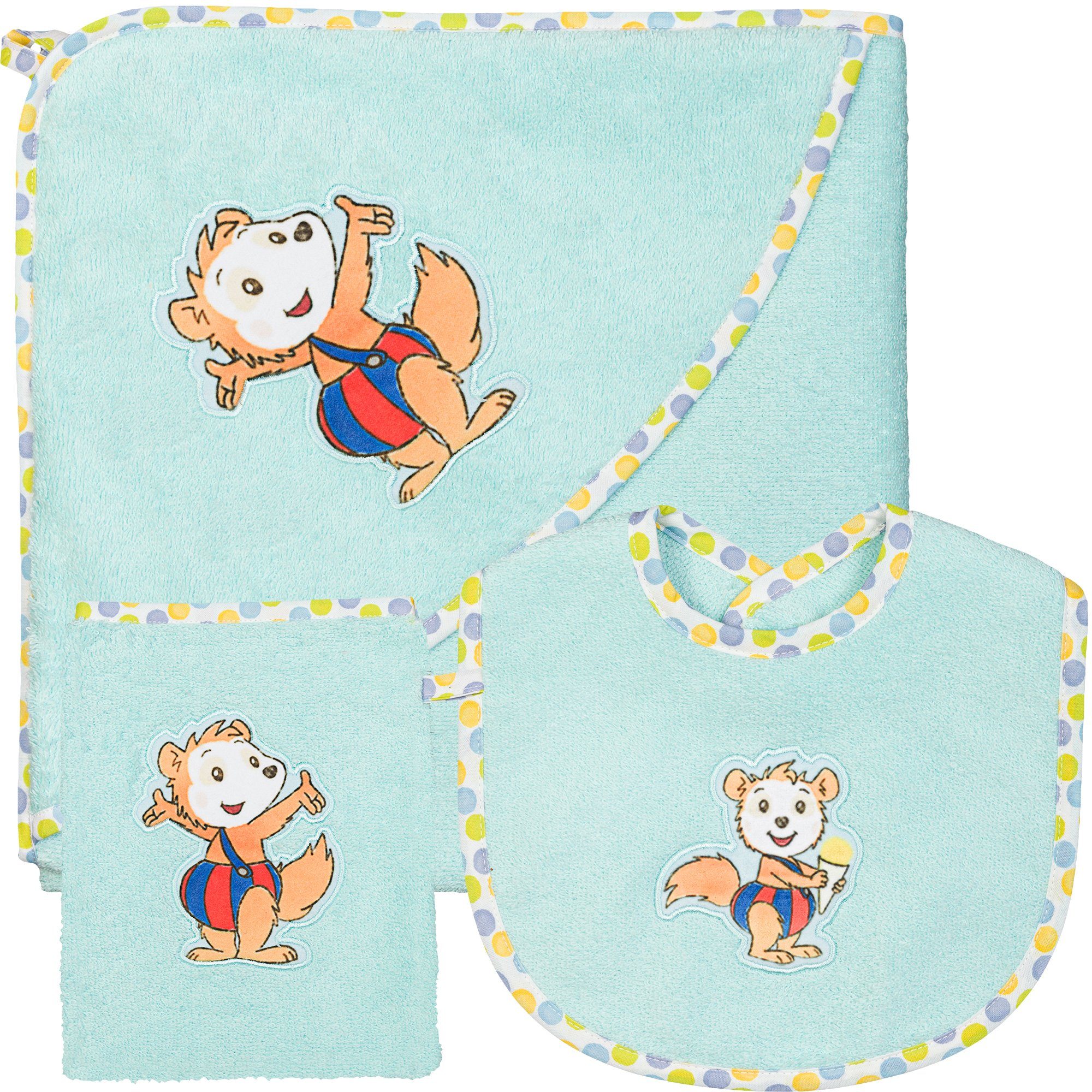 Smithy Handtuch Set 3-tlg. Bobo Set mit Siebenschläfer, Lätzchen aus Waschlappen und Frottee, Kapuzenhandtuch, (Spar-Set, 3-tlg)