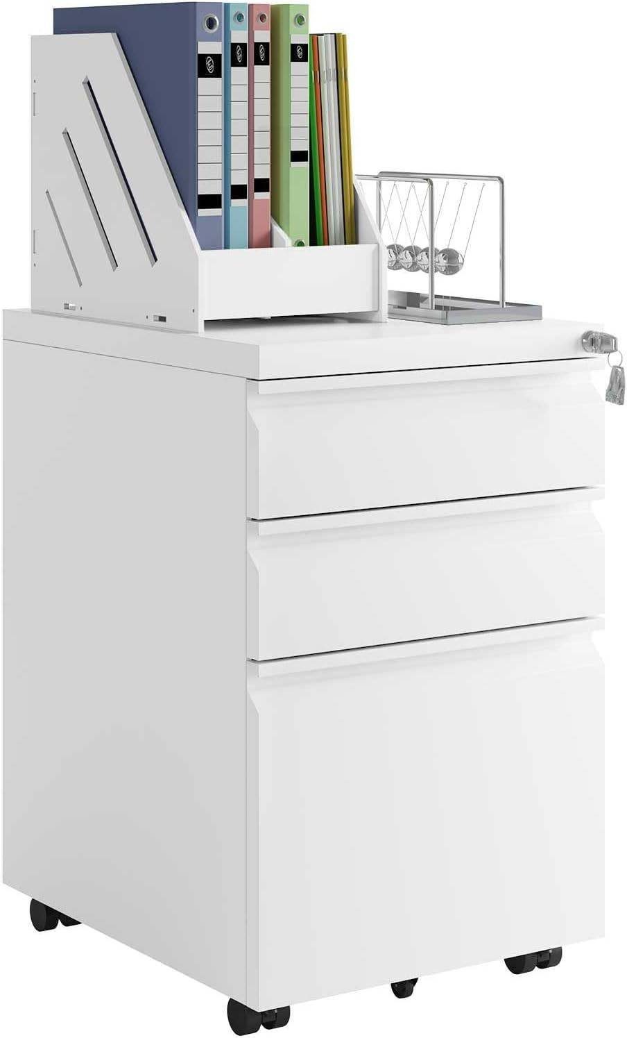 Woltu Rollcontainer, Metall Mobiler Aktenschrank mit 3 Schubladen, 39x62x48 cm