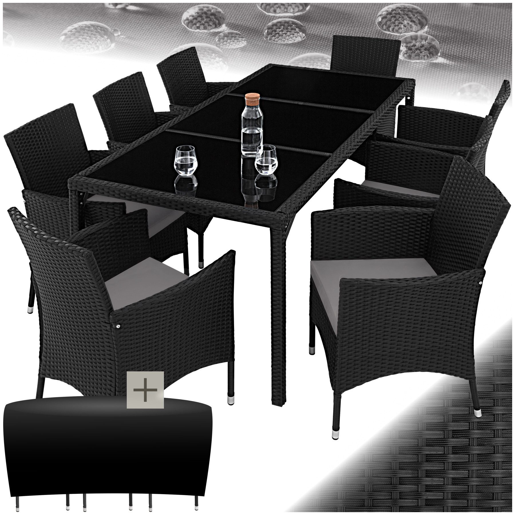 tectake Sitzgruppe gartenmöbel rattan garnitur modern design wetterfest, (outdoor rattan lounge Almansa, 9-tlg., in schwarz/grau), inklusive schutzhülle und rostfreie edelstahlschrauben