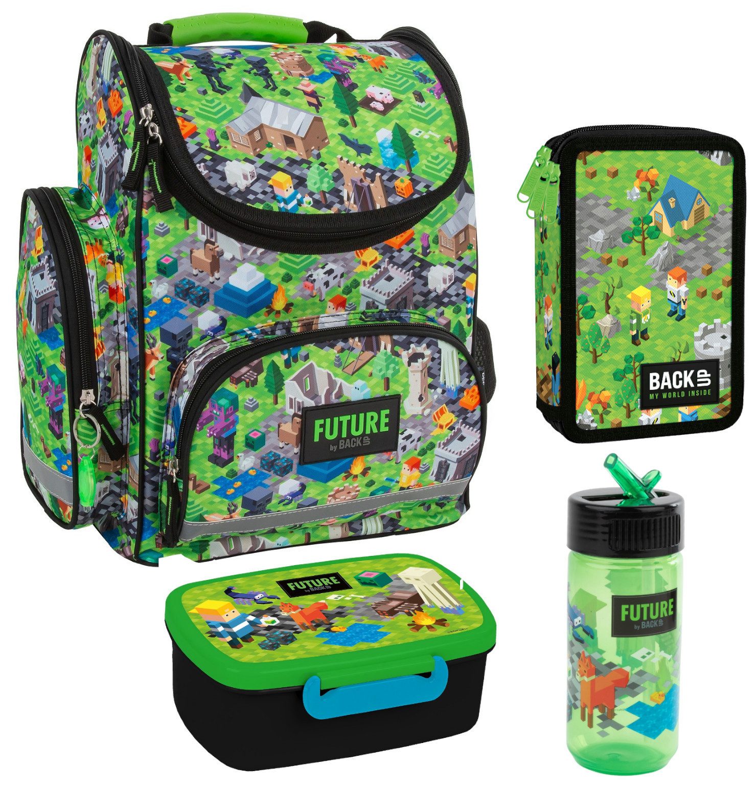 DERFORM Schulranzen Set Pixel Game Brotdose - Turnbeutel + 3 Fach Federmappe Federtasche (4-tlg)