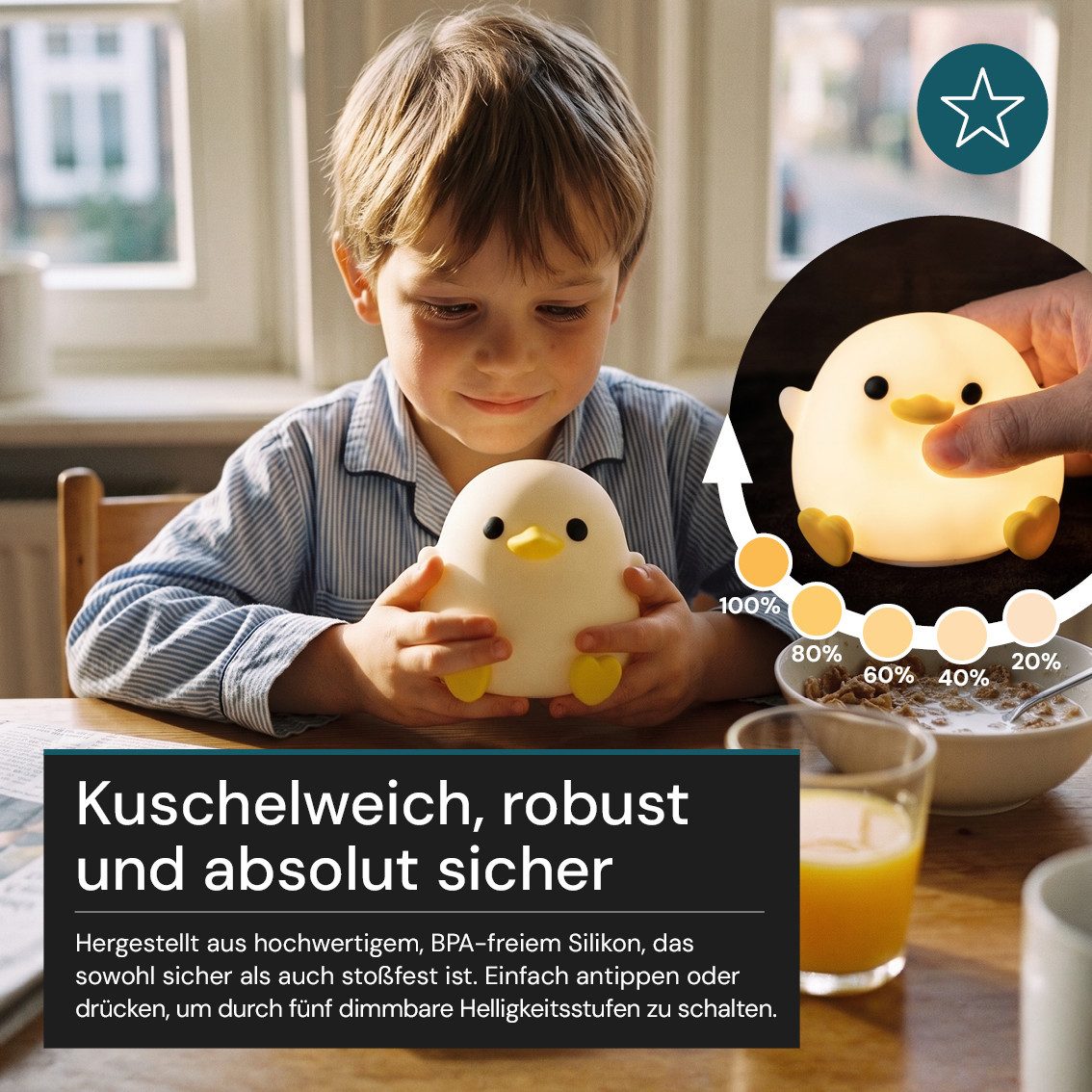 LUXULA LED Nachttischlampe LED-Nachtlicht, LED fest integriert, 1,7W Schlummerlicht Weiß aus Silikon durch Drücken dimmbar mit Akku
