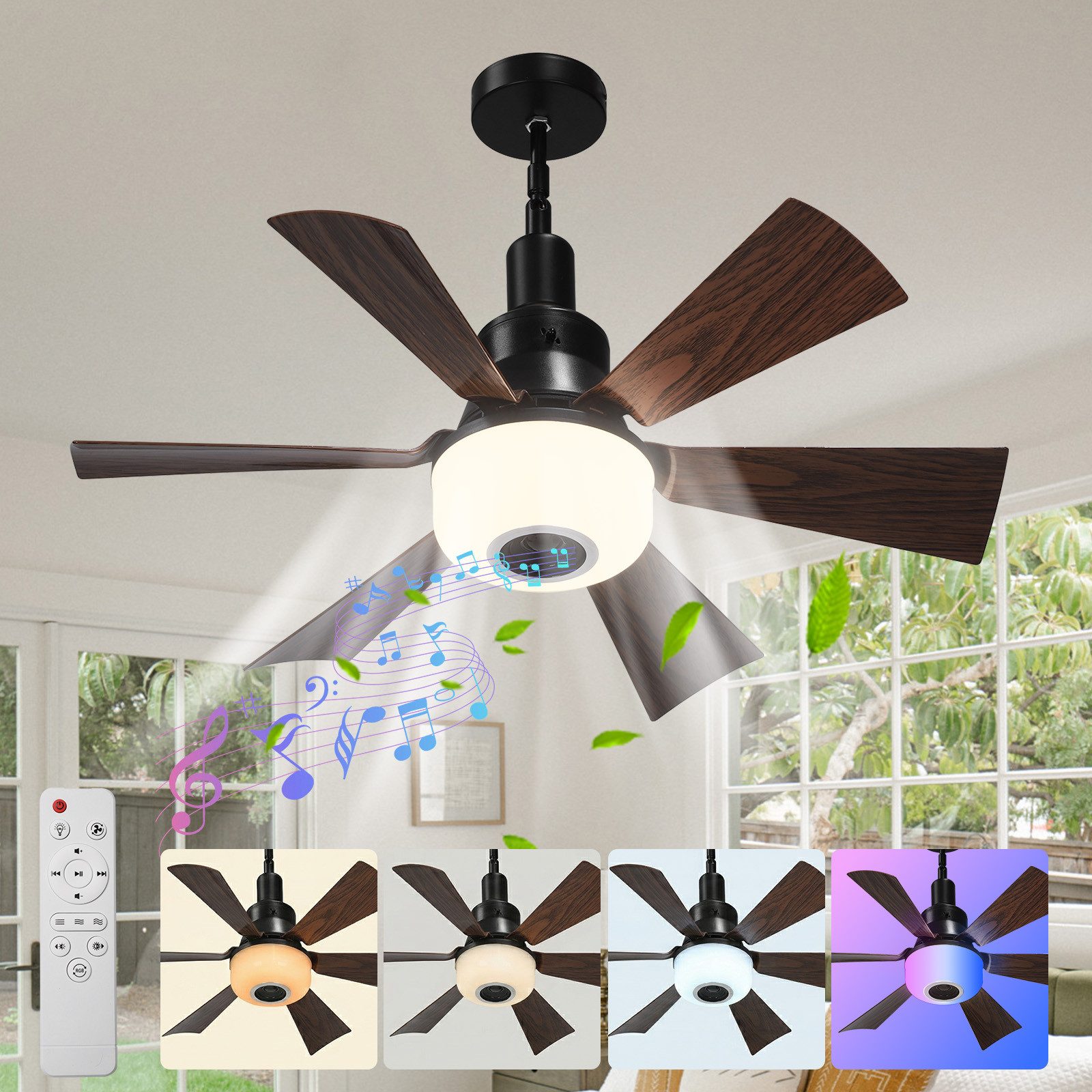 Rosnek Deckenventilator mit Licht 52 cm, Bluetooth-Lautsprecher, RGB, 3 Lichtfarben, E27, Fernbedienung, 3 Lichtfarben, 6 Höhen, neigbarer Kopf