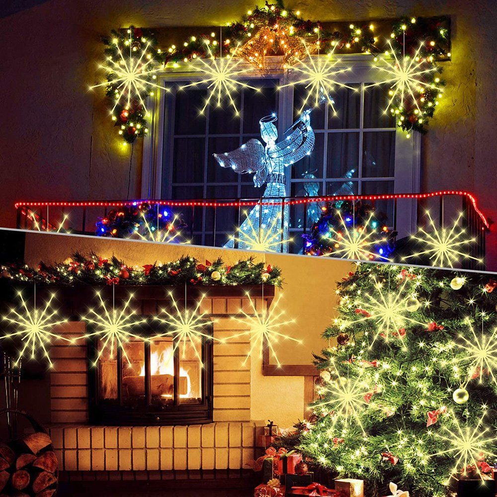 Rosnek Meteor Lichter,Wasserdicht,Batterie,Weihnachtsdeko, Warmweiß Feuerwerk Timer; LED-Lichterkette mit Fernsteuerung.