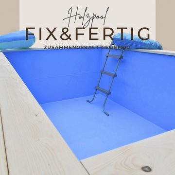 EDEN Holzmanufaktur Rechteckpool Fix&Fertig Fichtenholz Pool, inkl. Einsatz, Dämmung, seitlichem Wasserablauf, Holzofen