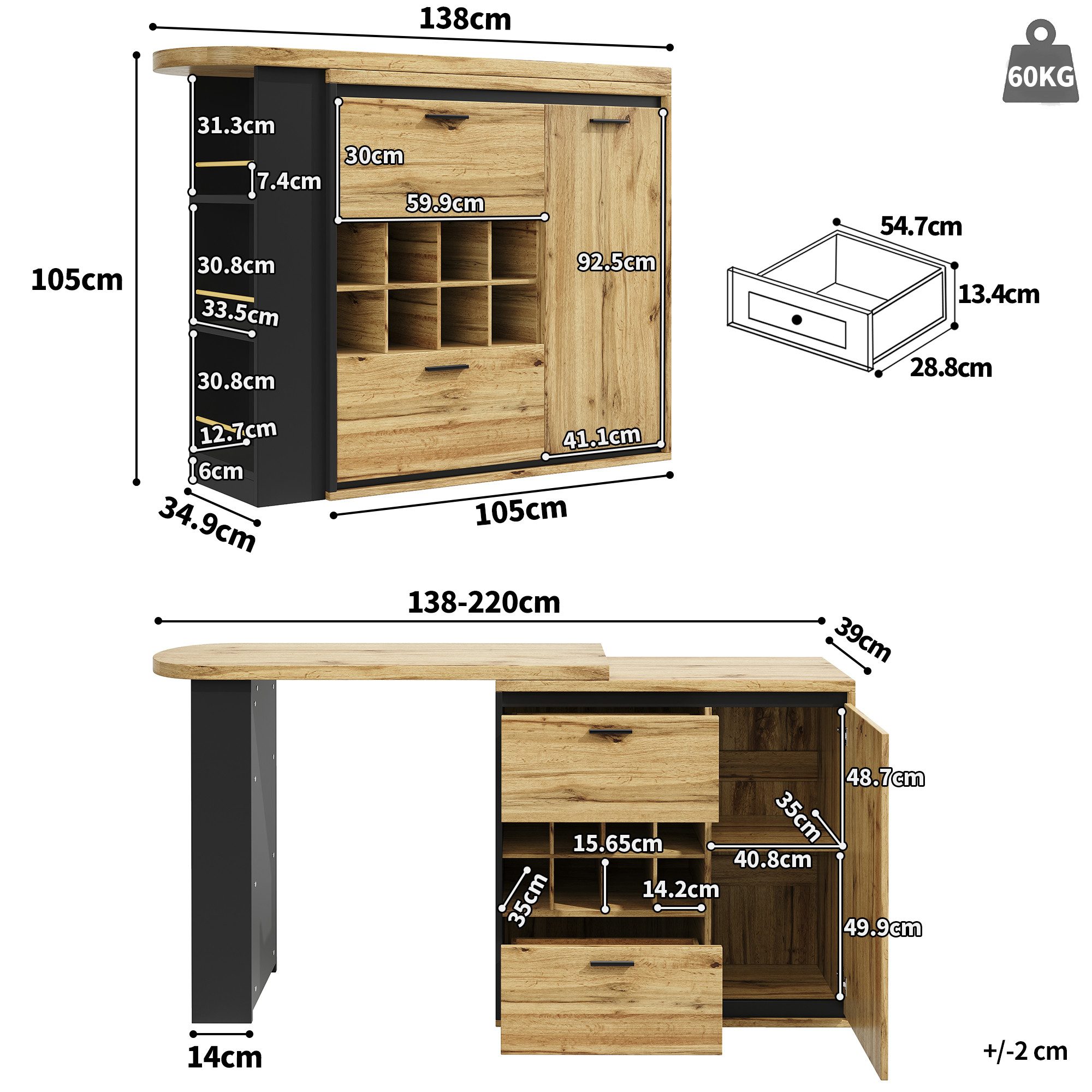 Ulife Bartisch Ausziehbarer Esstisch, Küchentisch, 138-220 x 39 x 105 cm (1-St), Tischplatte mit Holzmaserung, geeignet für Küche und Wohnzimmer