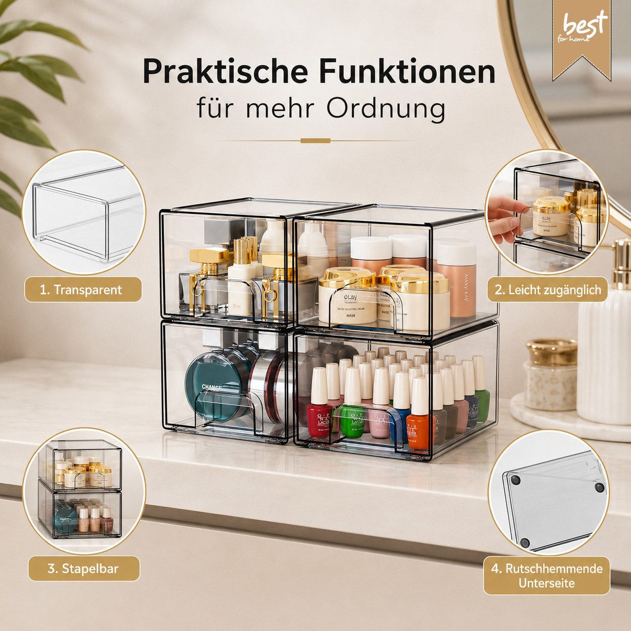 Best for Home Schubladenbox Platzsparend stapelbar transparent 4-teilig kompakt und vielseitig, (Aufbewahrungsschubladen-Set, 4-St., 4-teilig), Transparent, sta – Bild 5 von 5