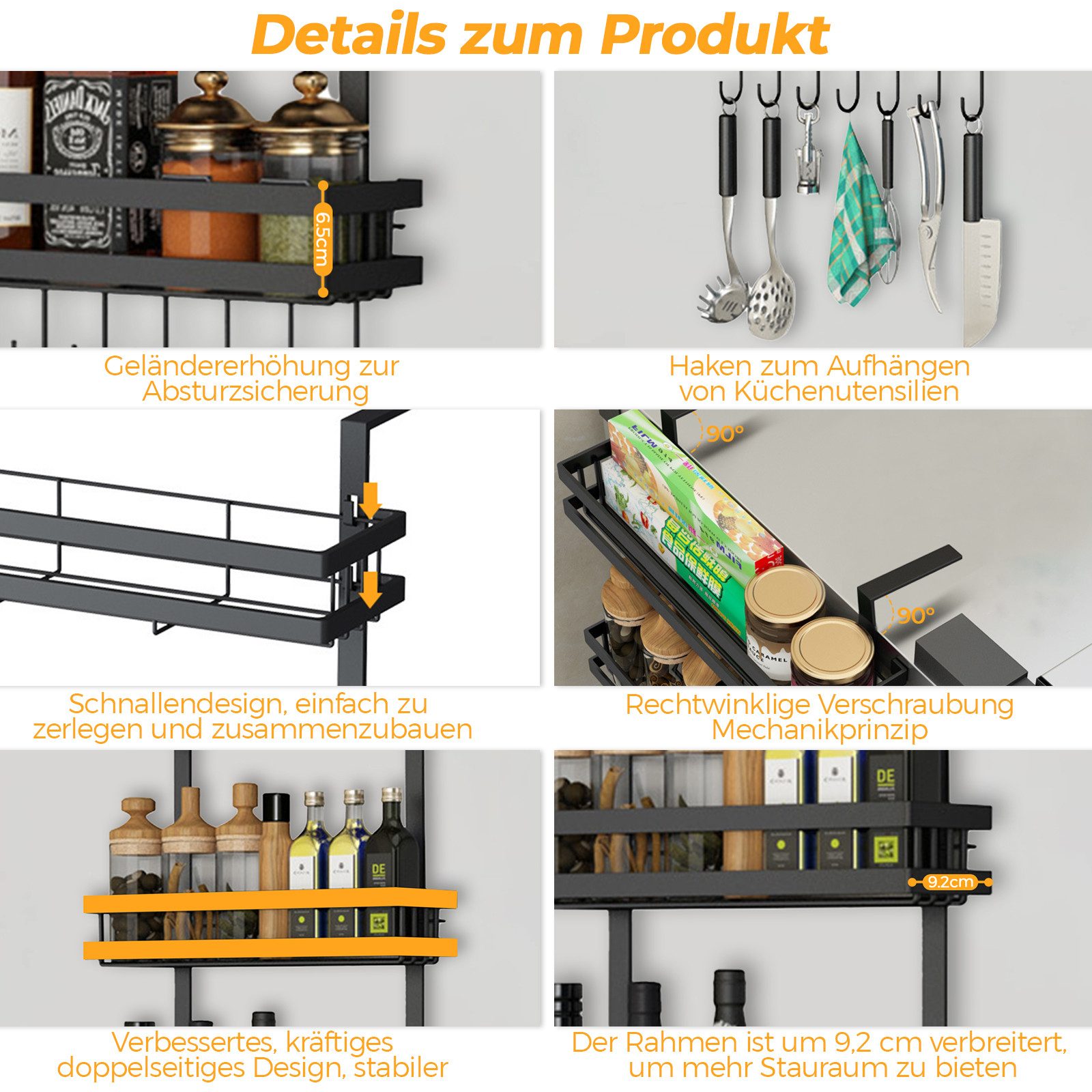 PFCTART Küchenregal Gewürzregal & Küchenregal Edelstahl 39cm - Wandmontage, 30kg Tragkraft, Schwarz - Robuster Vorratsorganizer 1-tlg., Ohne Bohren, 3 Ebenen &  – Bild 5 von 5