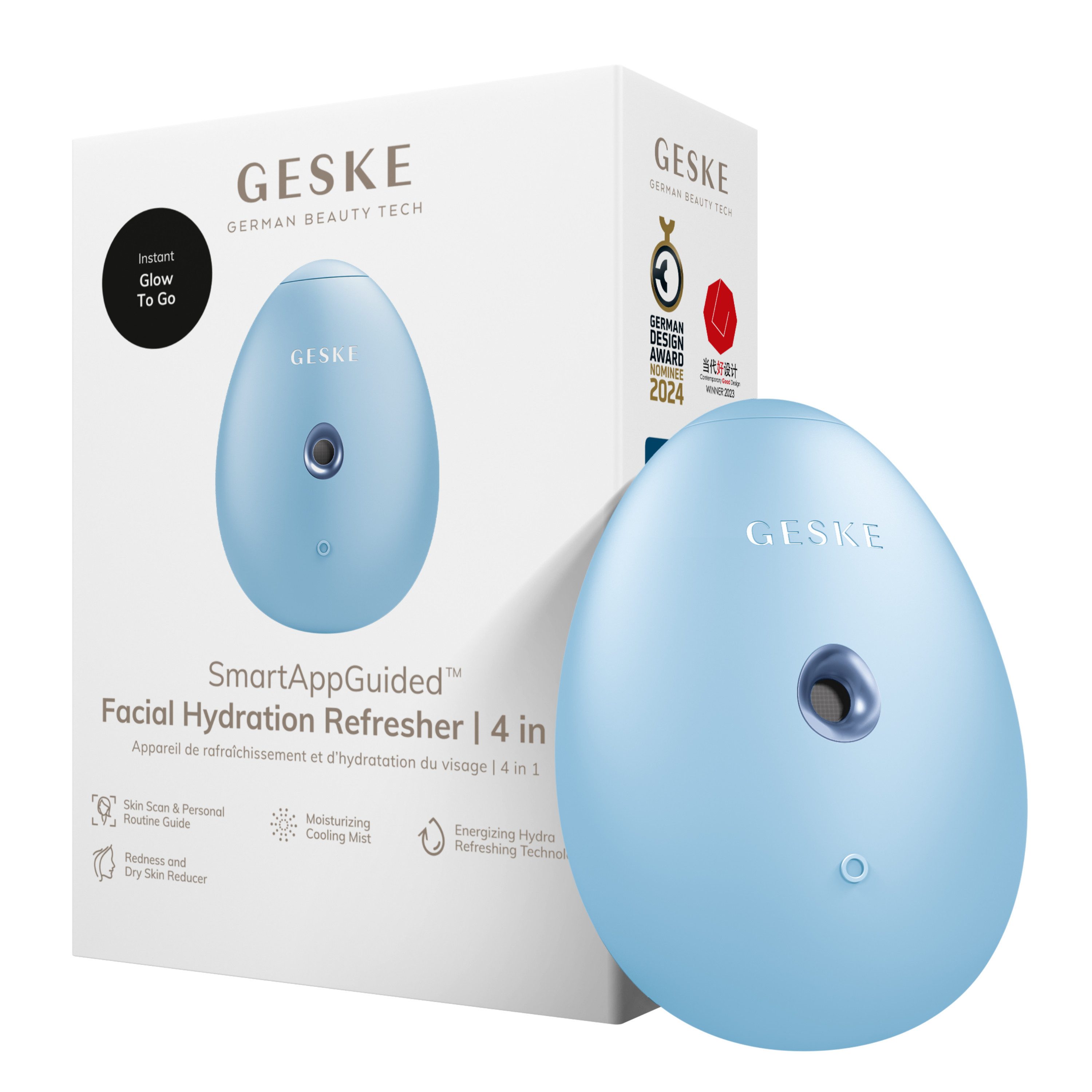 GESKE German Beauty Tech Enhancer SmartAppGuided™ Facial Hydration Refresher 4 in 1, Packung (Gerät & USB-Ladekabel), 2-tlg., Gerät inkl. kostenloser APP (SmartAppGuided Device), Mit der GESKE App erhältst Du deine personalisierte Hautpflegeroutine.