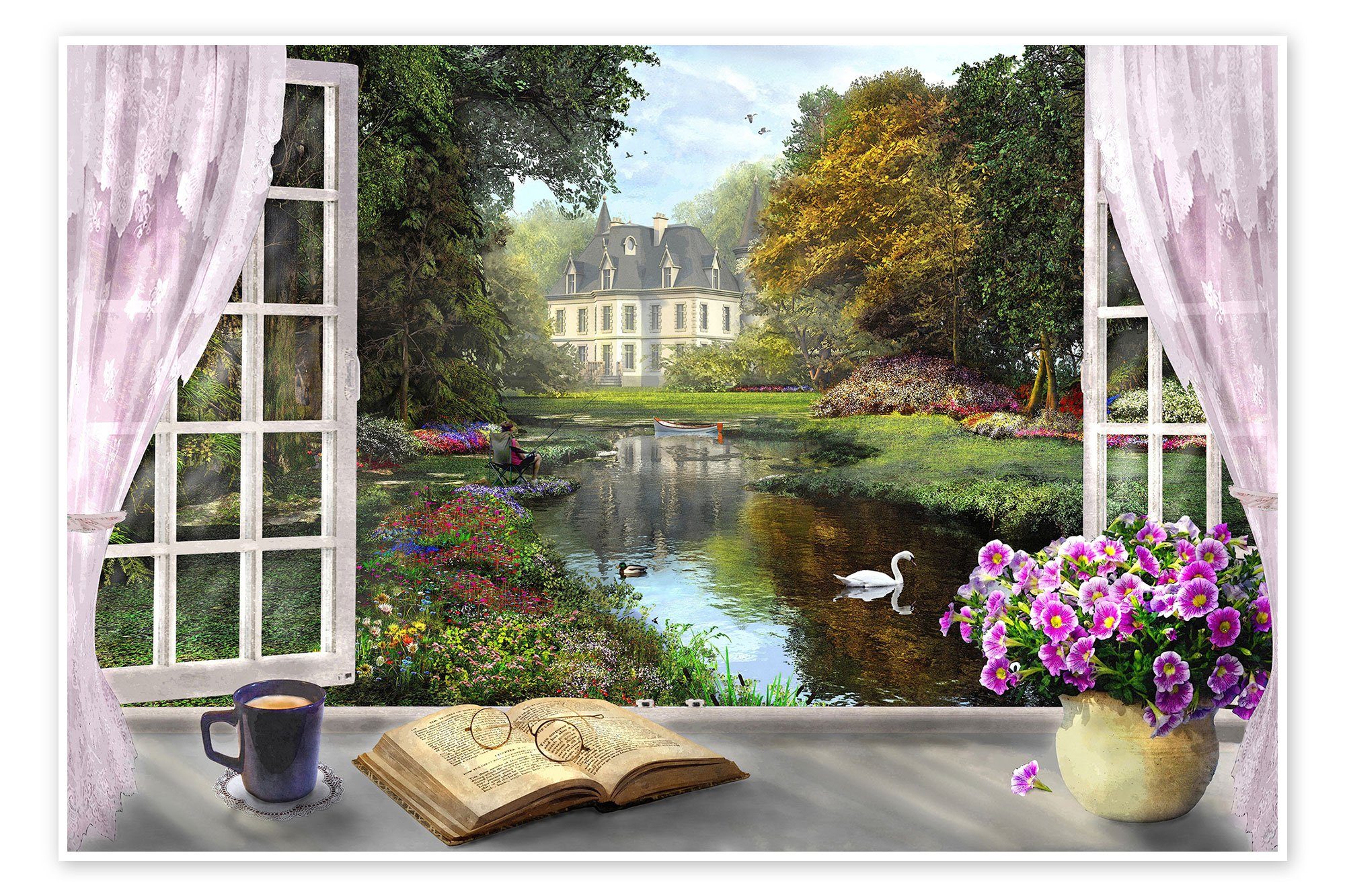 Posterlounge Poster Dominic Davison, Fenster mit idyllischem Blick, Landhausstil Illustration